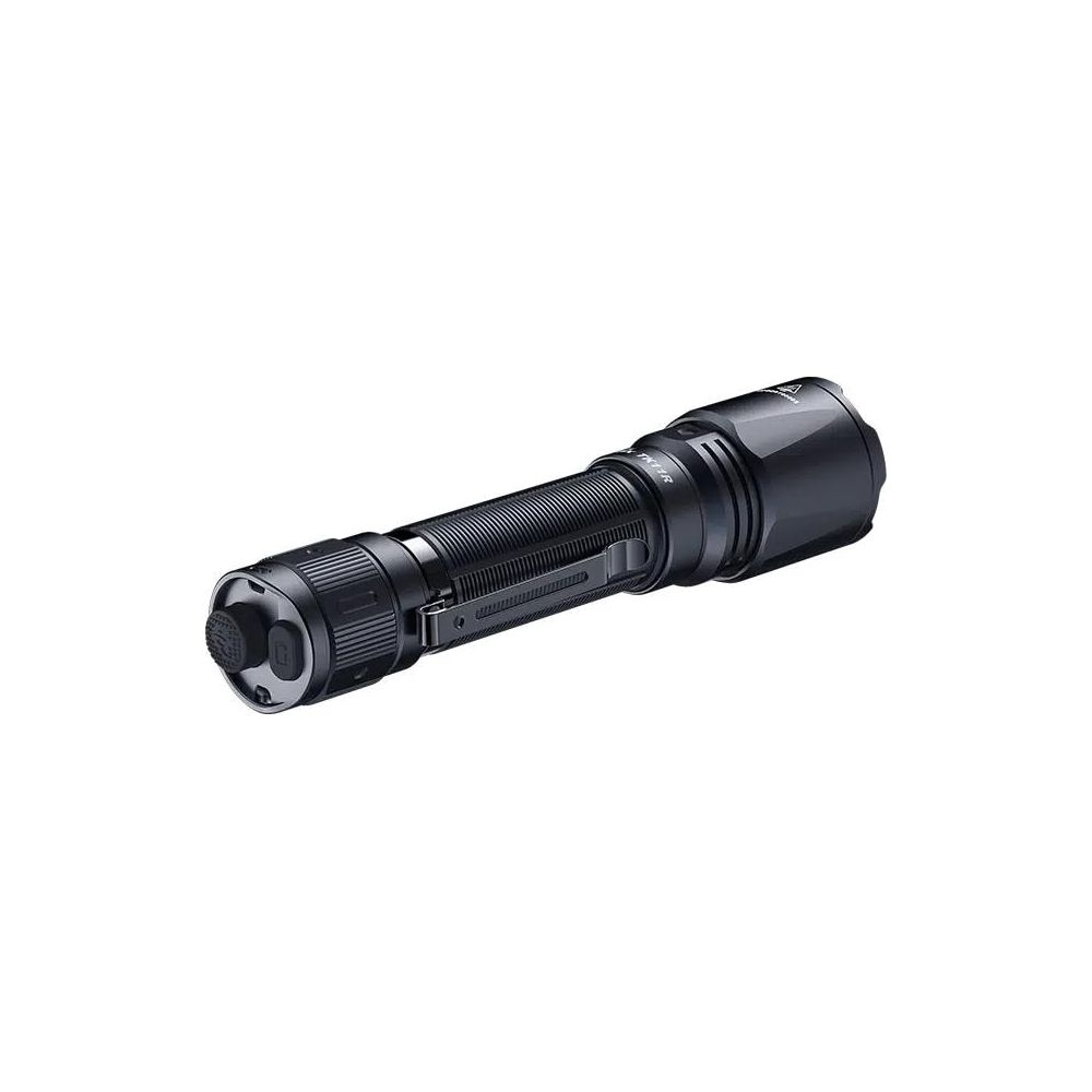 Lampe torche tactique noire avec poignée moletée et interrupteur au talon.
