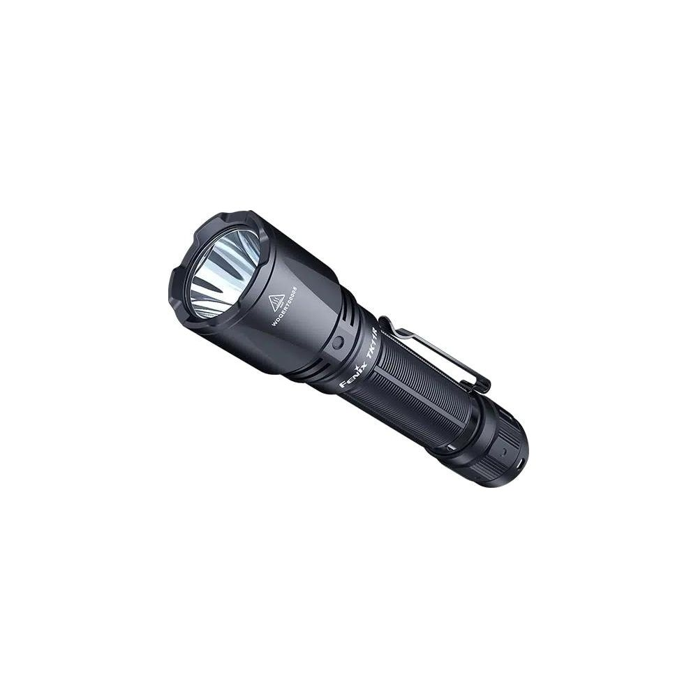 Lampe de poche noire avec clip argenté et tête réfléchissante.