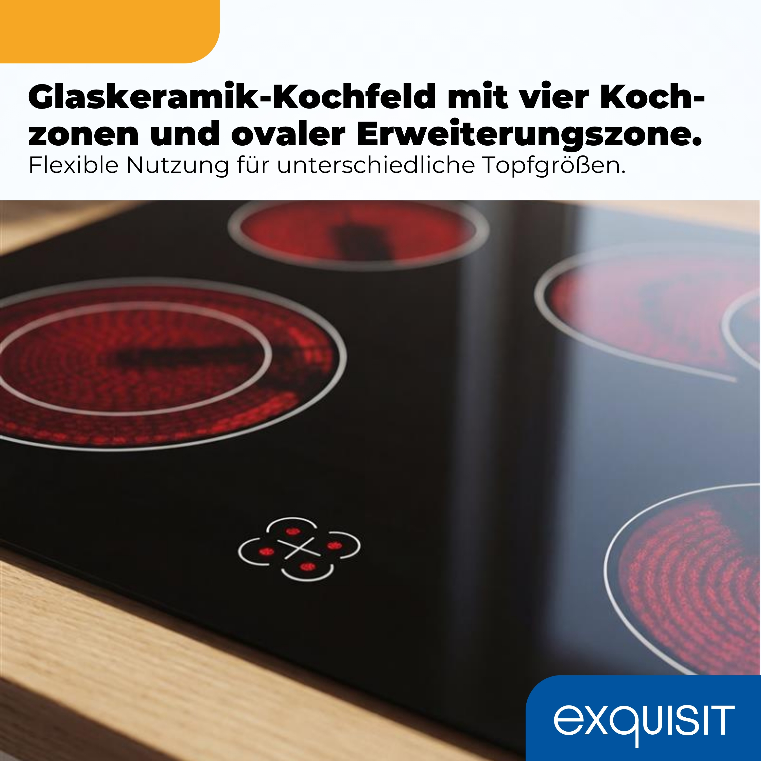 Ein schwarzes Glaskeramik-Kochfeld mit vier roten Heizzonen und einem ovalen Bereich.