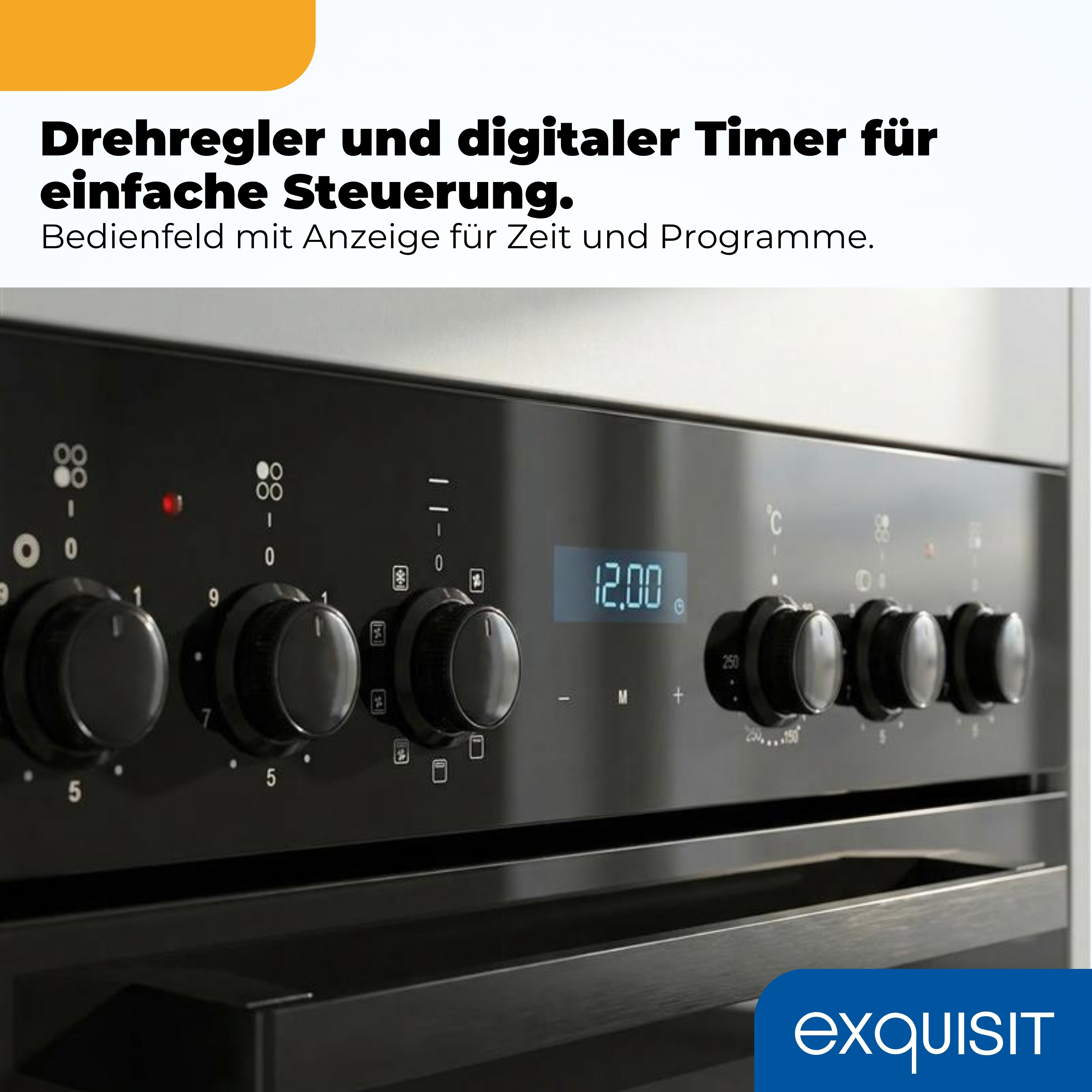 Bedienfeld eines Ofens mit Drehknöpfen, einem digitalen Timer und Symbolen.
