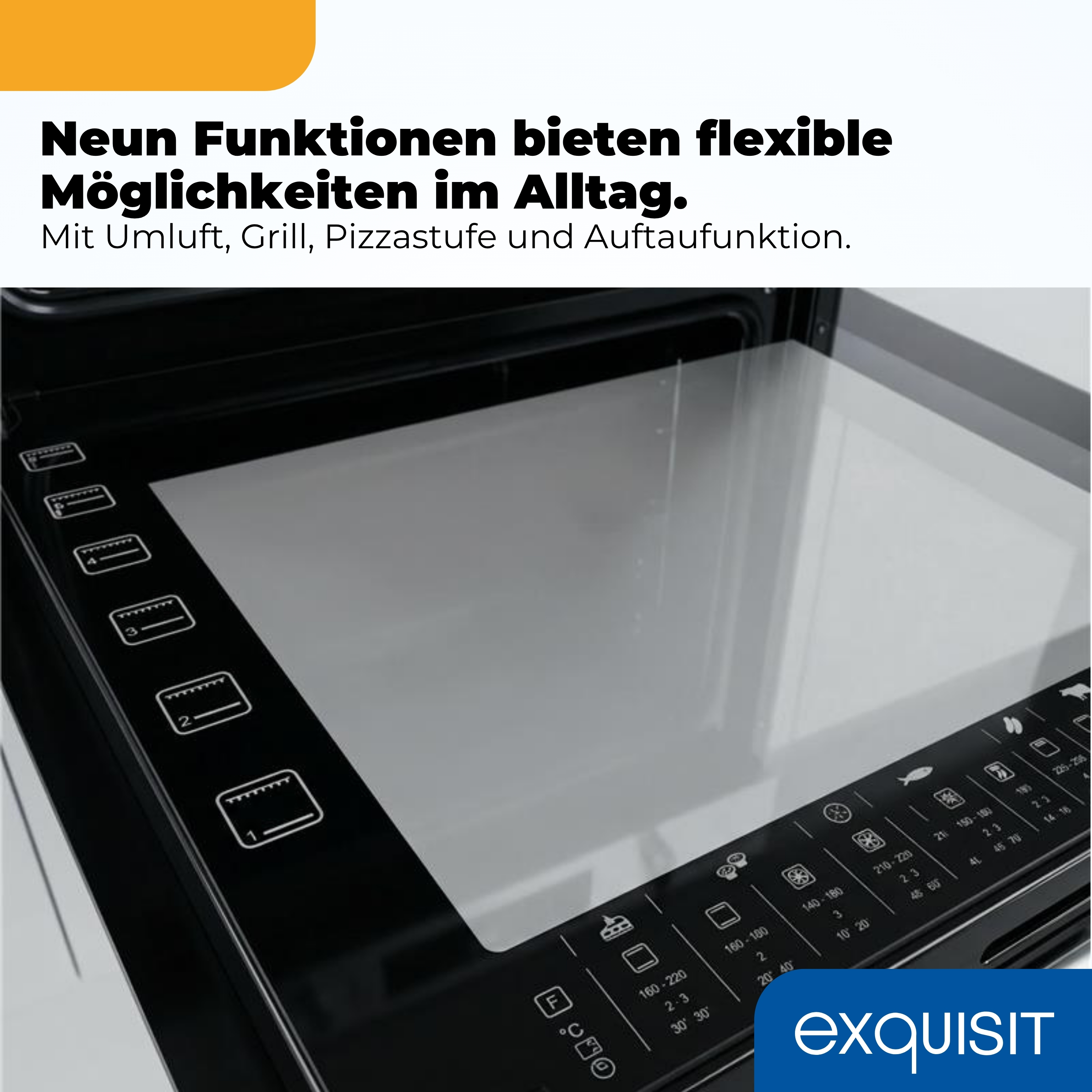 Nahaufnahme eines schwarzen Herdes mit Bedienfeld und Glasplatte.