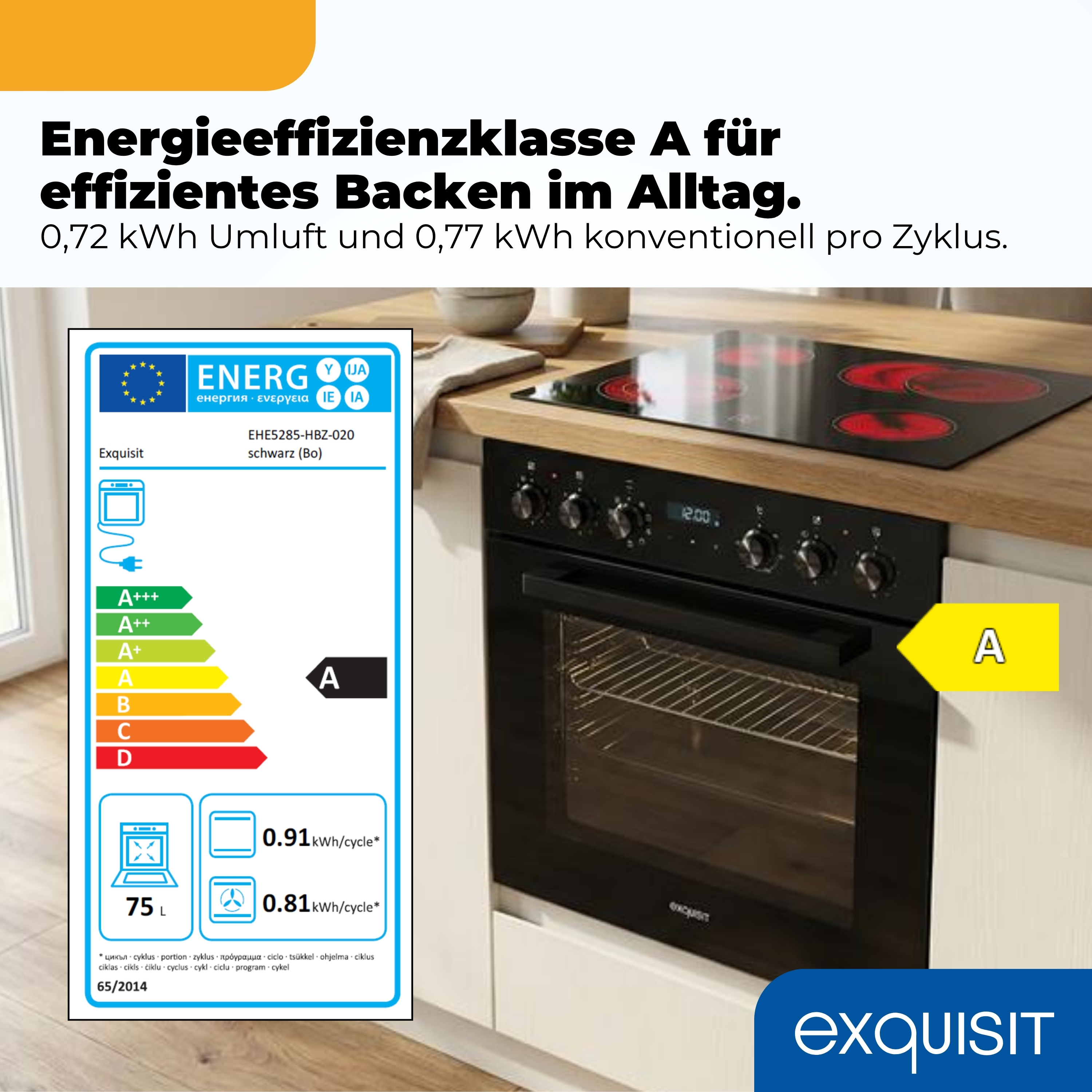 Ein Exquisit Einbauofen mit Energielabel A, Induktionskochfeld und 75L Kapazität.
