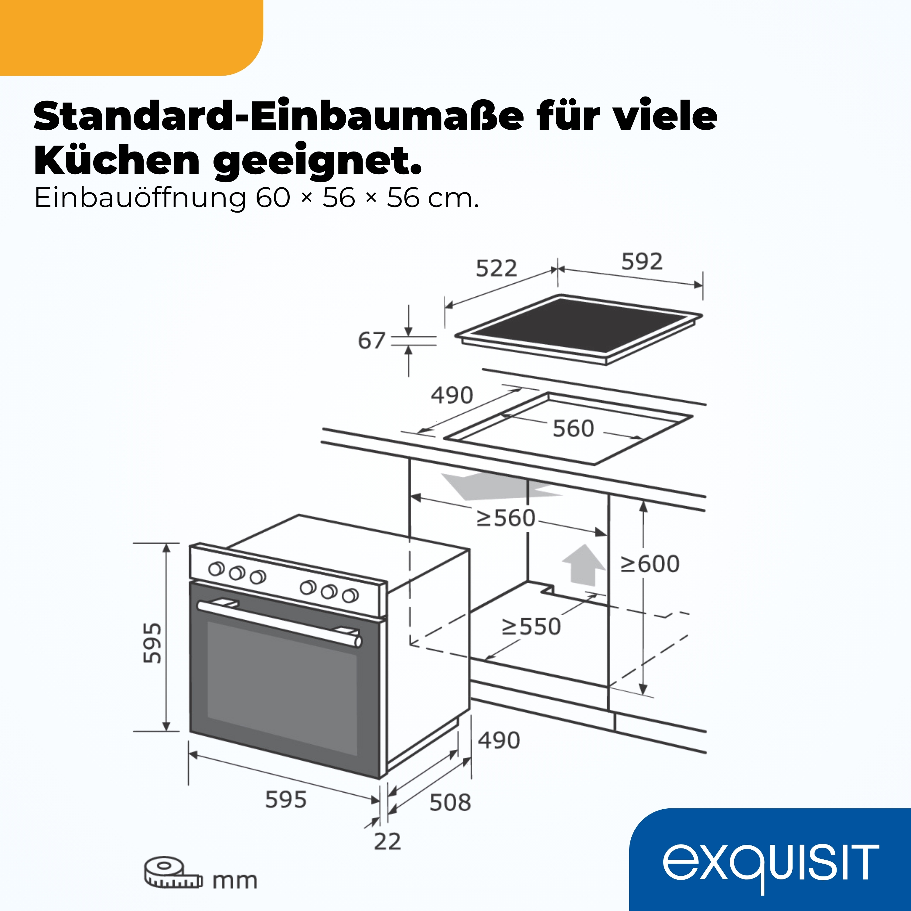 Technische Zeichnung eines Einbauofens mit Kochfeld und Maßen.