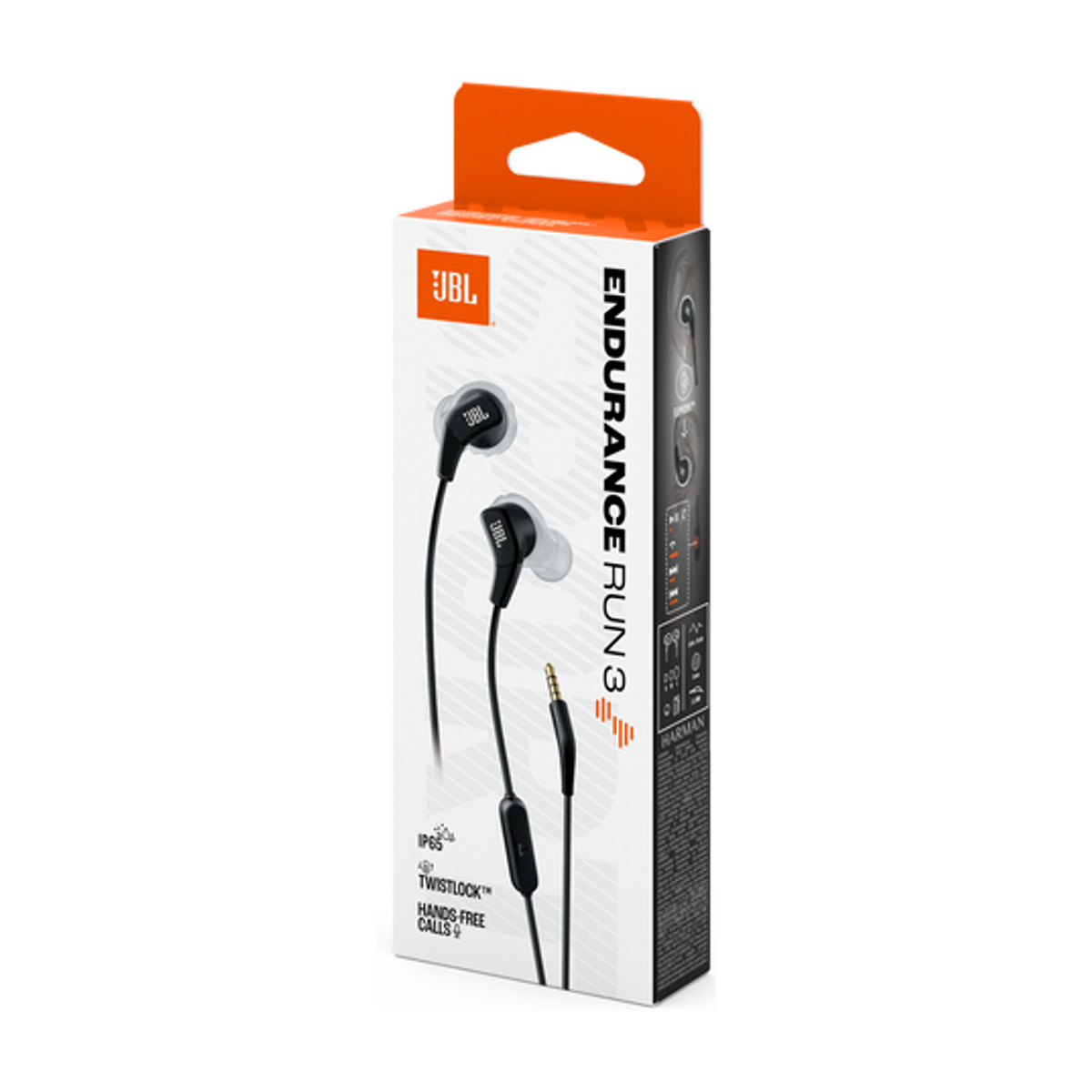 Auricolari JBL Endurance Run 3 in confezione nera con linguetta appesa arancione.