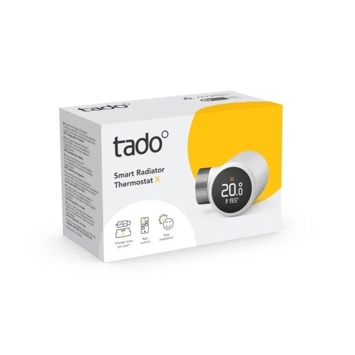 Packaging of a Tado Smart Radiator Thermostat with a display.