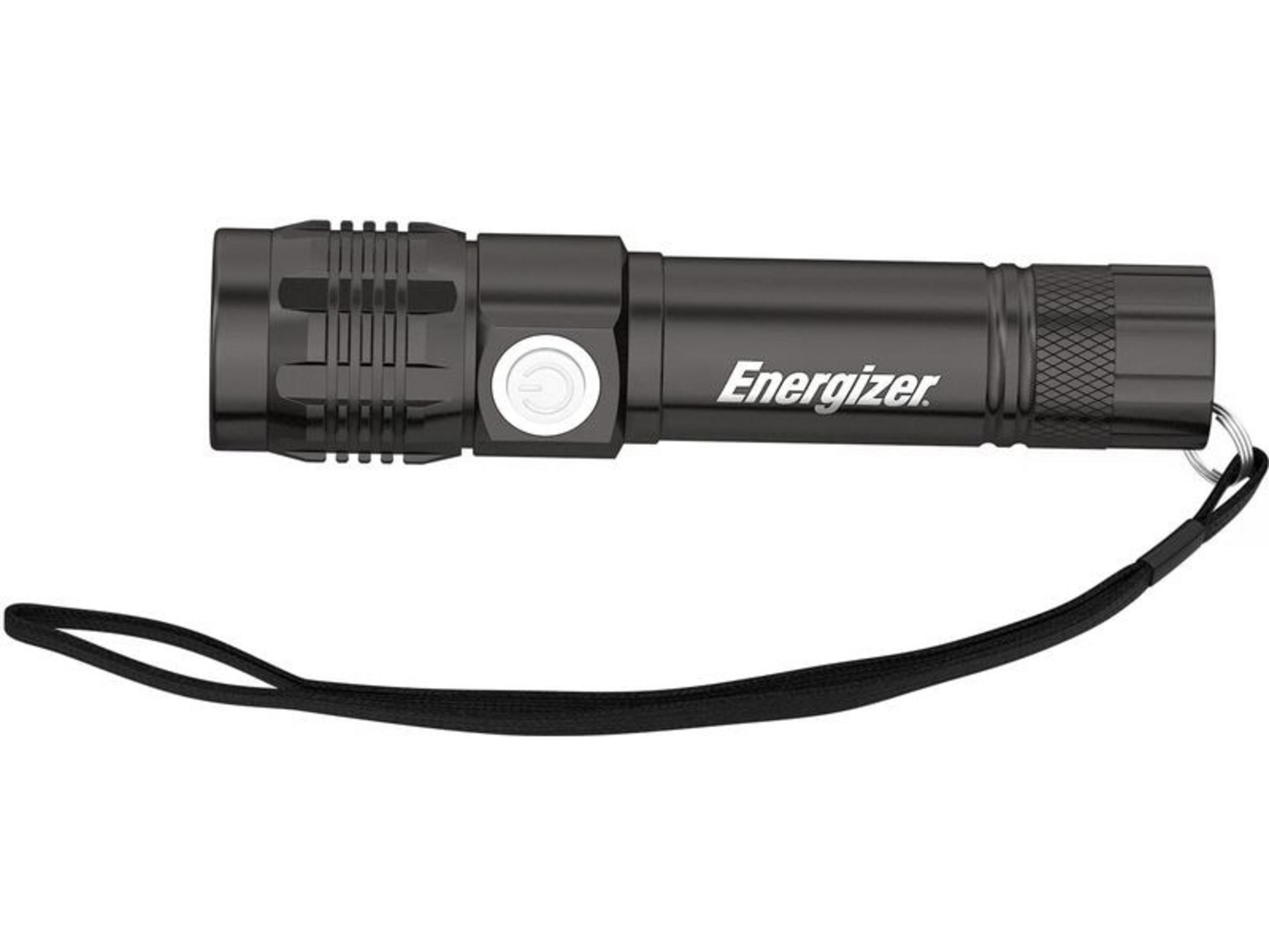 Schwarze Energizer-Taschenlampe mit Schnur und weißem Knopf.