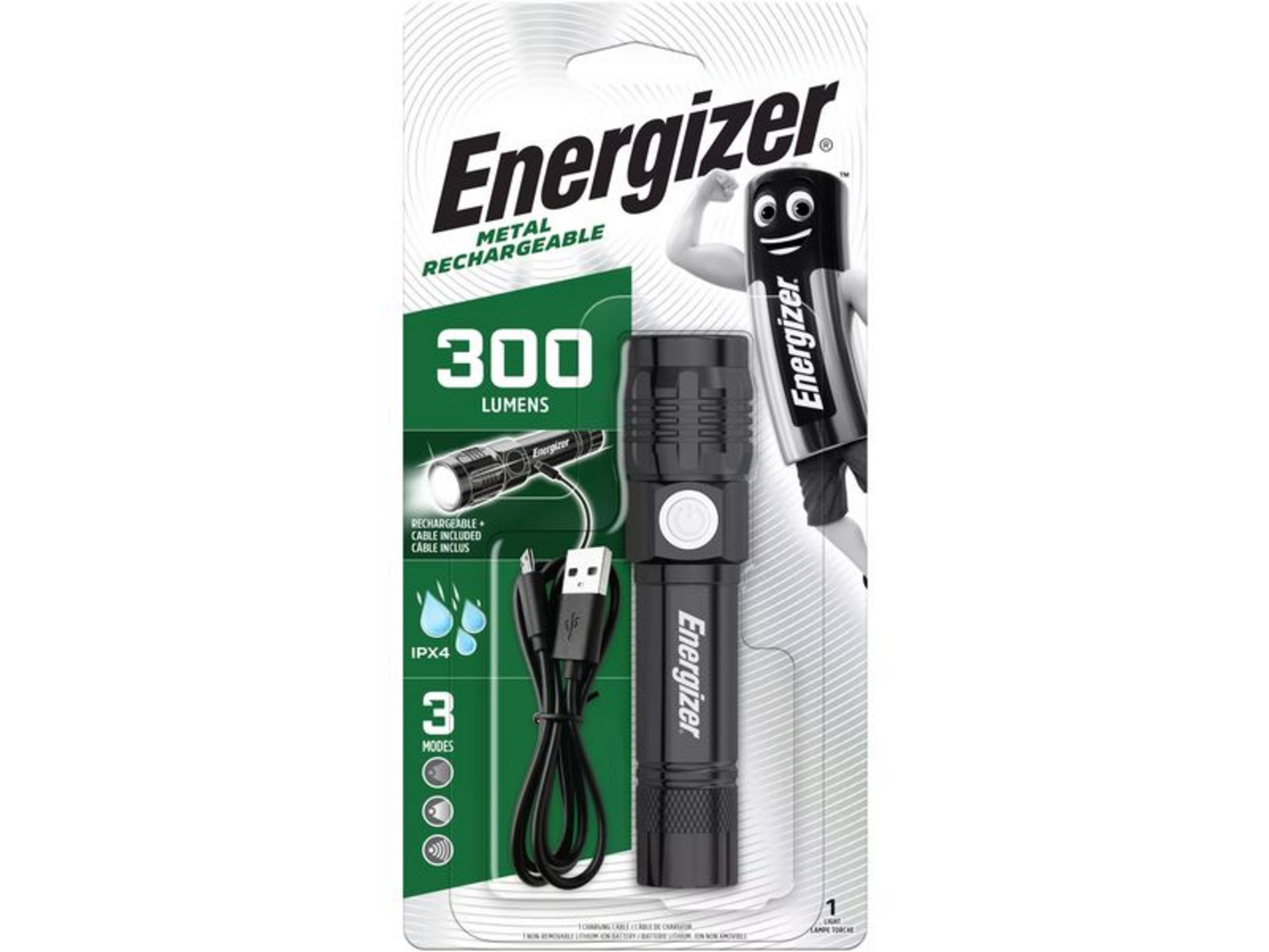 Energizer Taschenlampe mit 300 Lumen, wiederaufladbar, IPX4, 3 Modi.