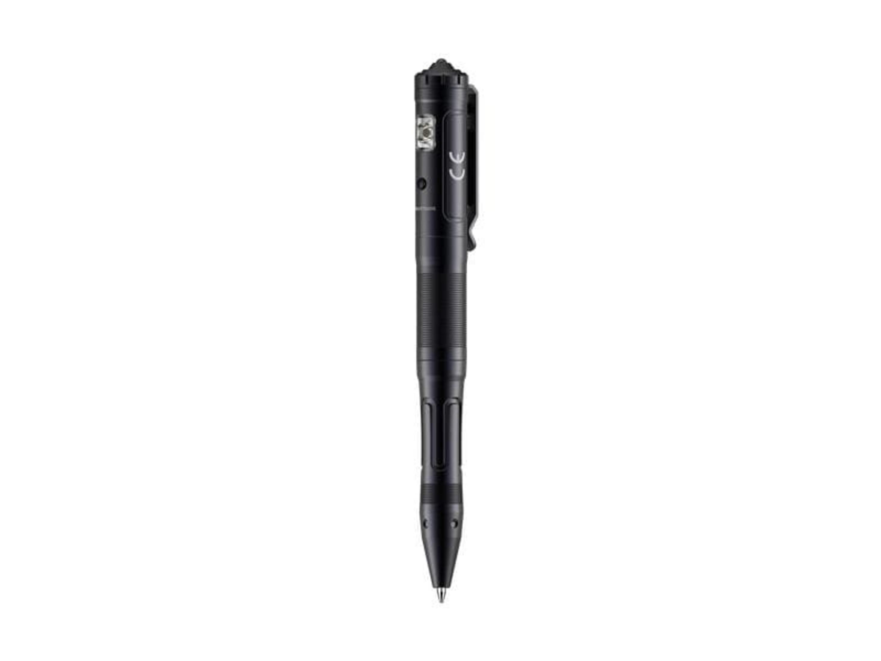 Penna nera con scanalature e clip, marcata CE.