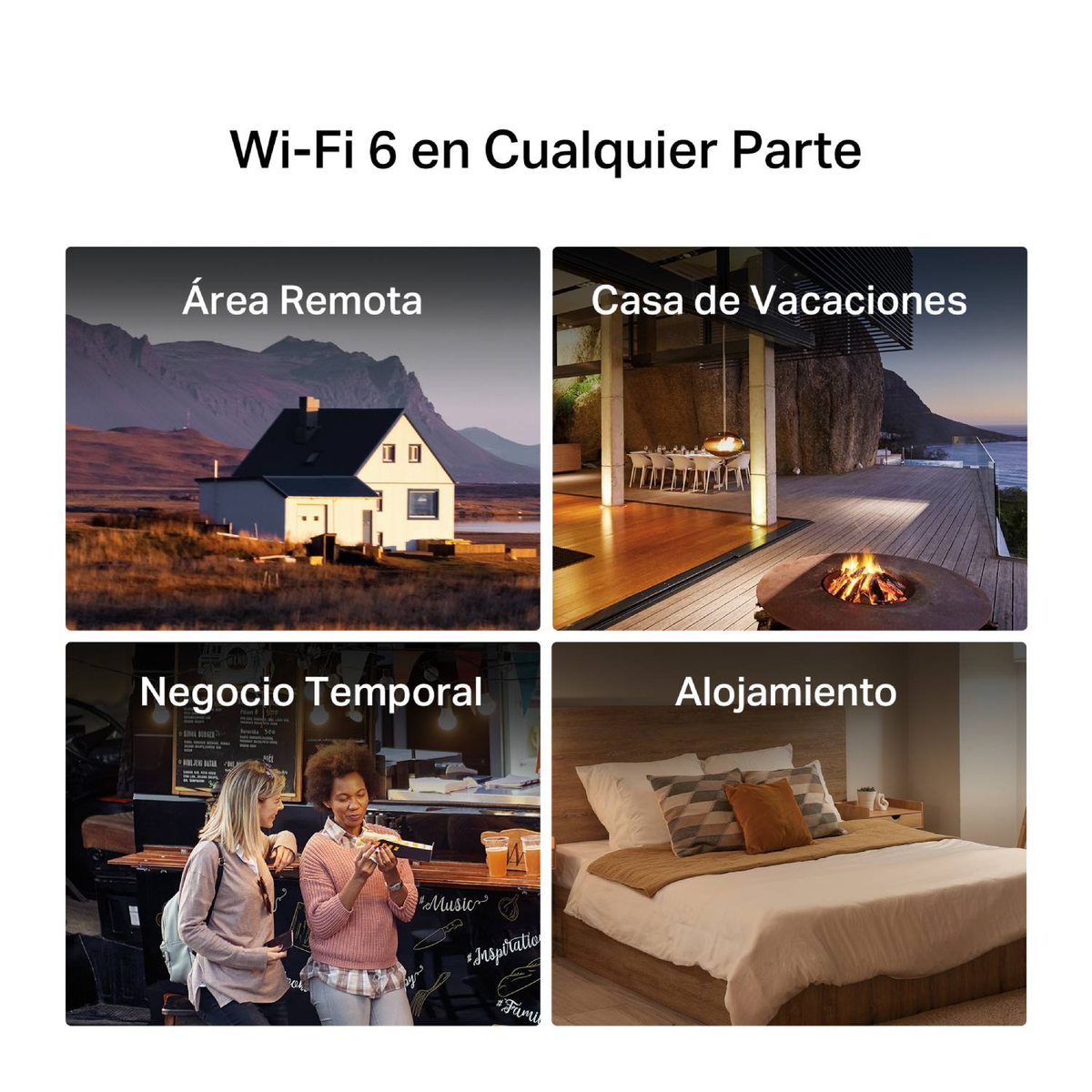 Vier Szenen: abgelegenes Haus, Ferienhaus, Imbisswagen-Treffen, Bett.
