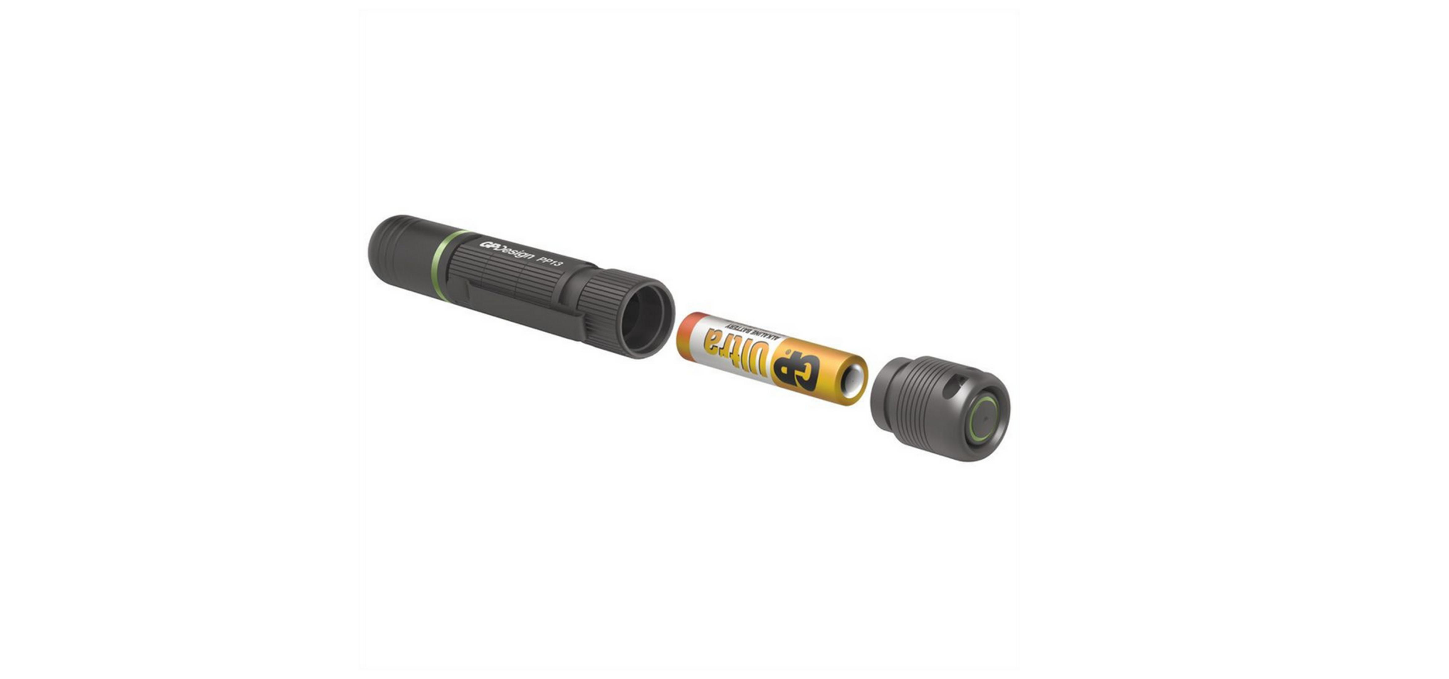 Un monocular negro, una batería GP Ultra y una tapa.