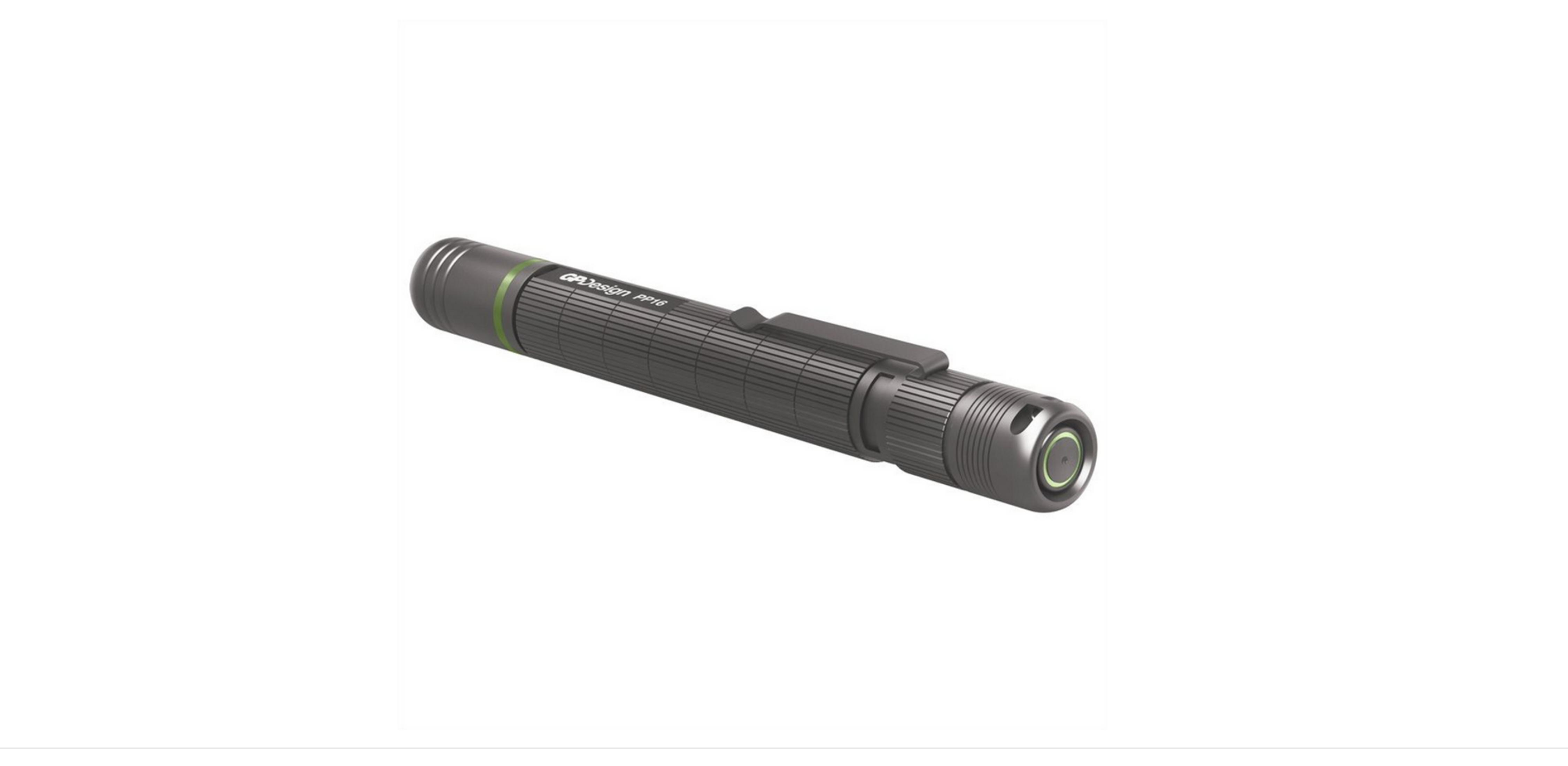 Una linterna oscura y acanalada con acento verde y clip.