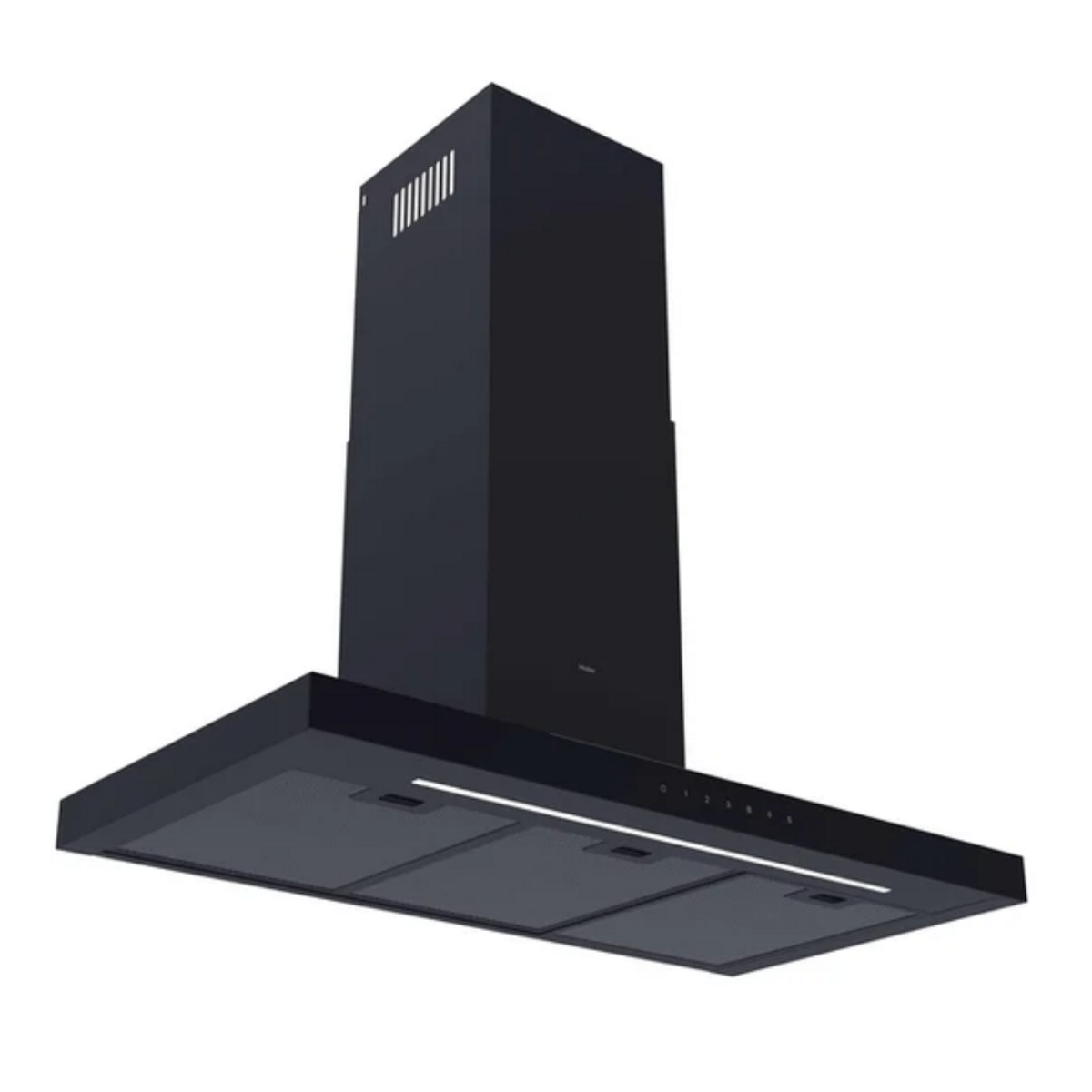 Campana extractora negra con controles táctiles y luces.