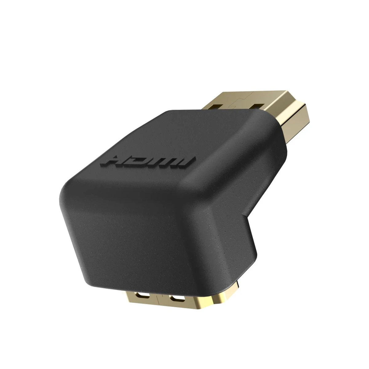 Schwarzer HDMI-Winkeladapter mit goldenen Anschlüssen, die nach rechts und oben zeigen.