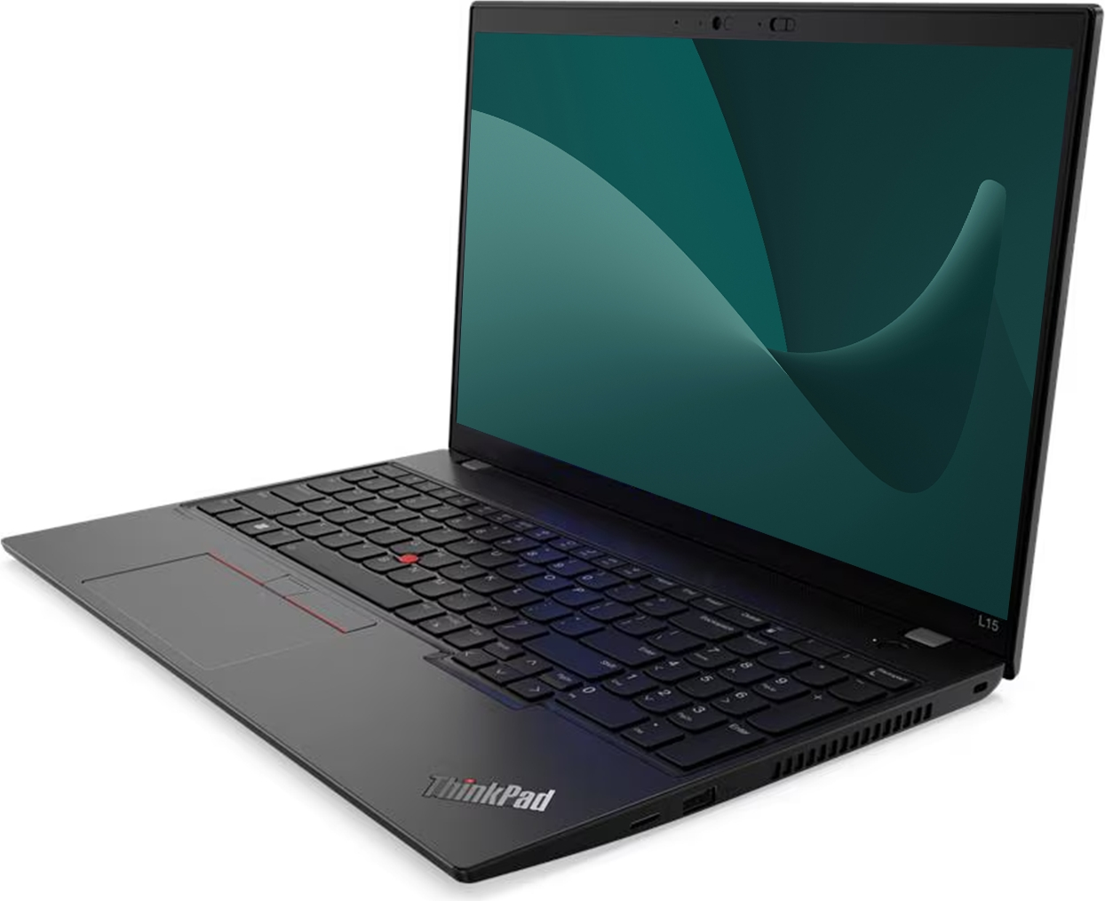 Arkadan aydınlatmalı klavyeli siyah Lenovo ThinkPad L15 laptop, beyaz zeminde açık.