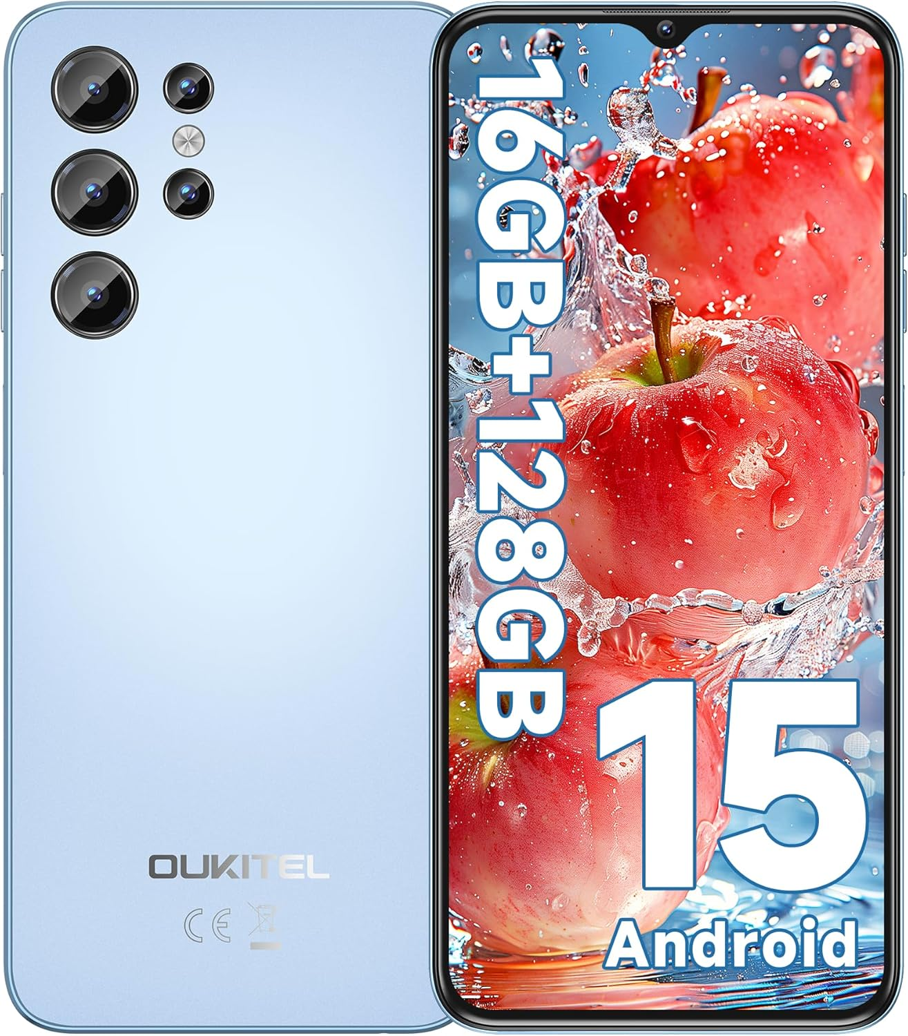 Un smartphone azul claro con cámara triple trasera y pantalla con manzanas.