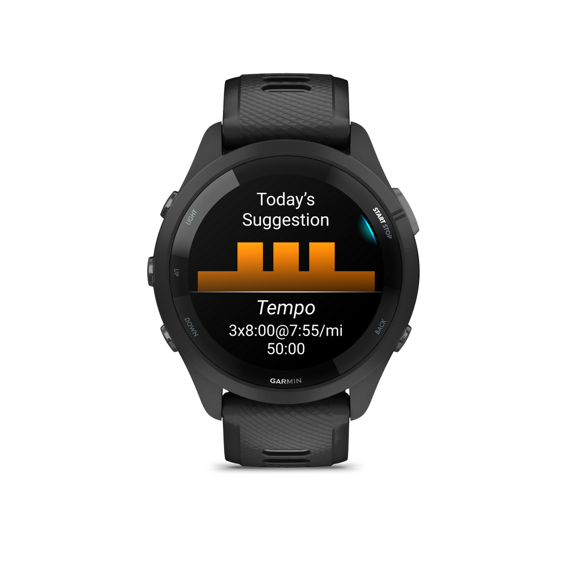 Reloj Garmin negro que muestra sugerencia de entrenamiento 'Tempo' 50 min.