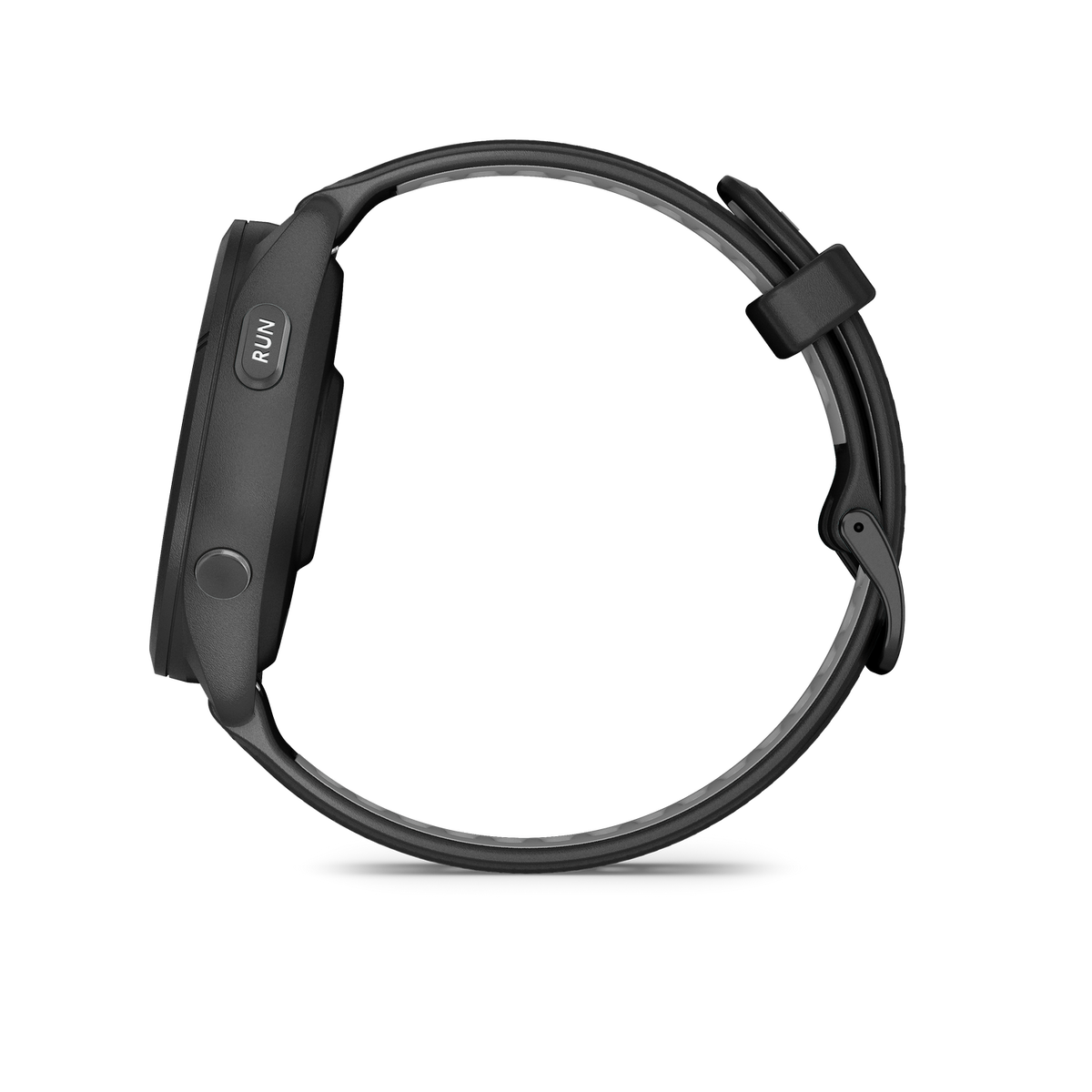 Reloj deportivo negro con correa de goma de perfil, con la palabra RUN.