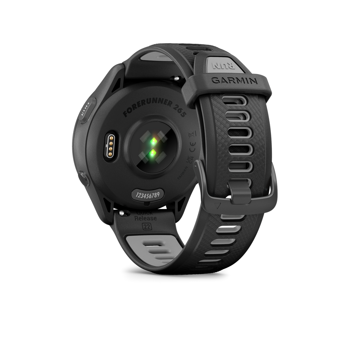 Parte trasera de un reloj Garmin Forerunner 265 negro con sensor de ritmo cardíaco.