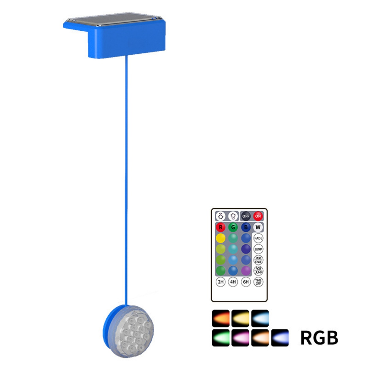 Eine blaue Solarleuchte mit Fernbedienung und RGB-Farbanzeige.