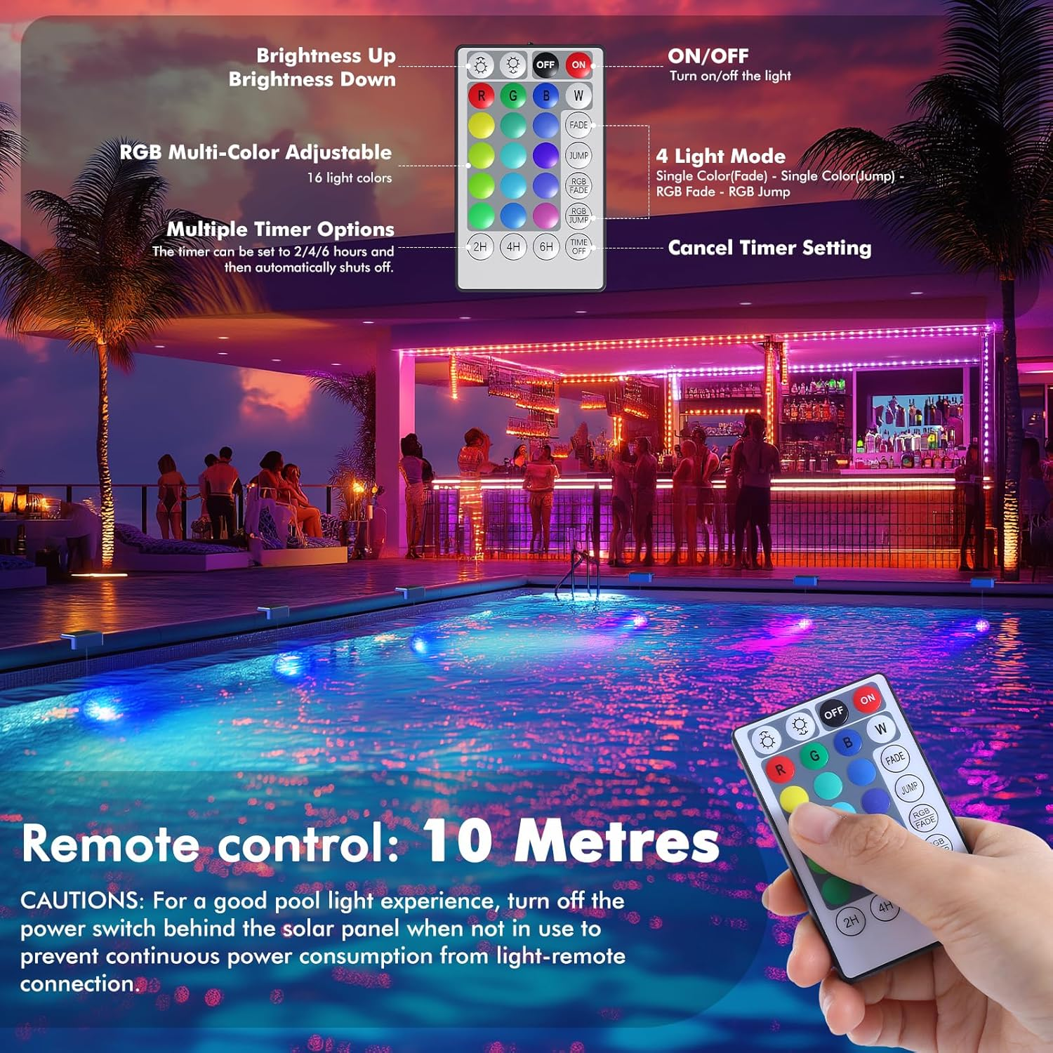 Poolparty-Szene mit RGB-Lichtern an Pool & Bar. Fernbedienung gezeigt.