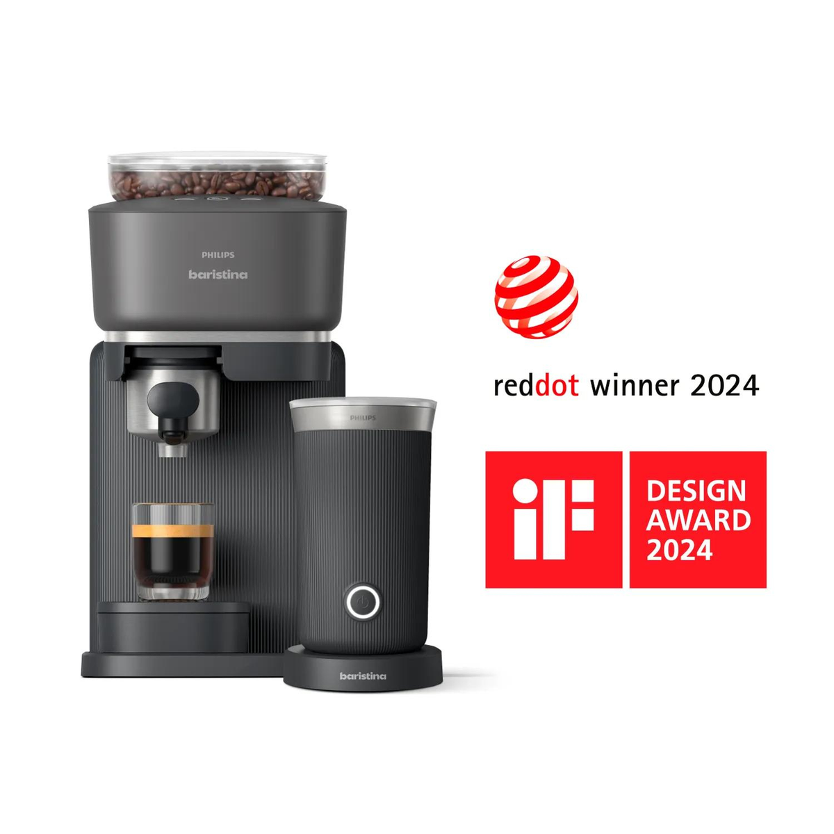 Eine graue Philips Baristina Kaffeemaschine mit Espressoglas und Auszeichnungen.