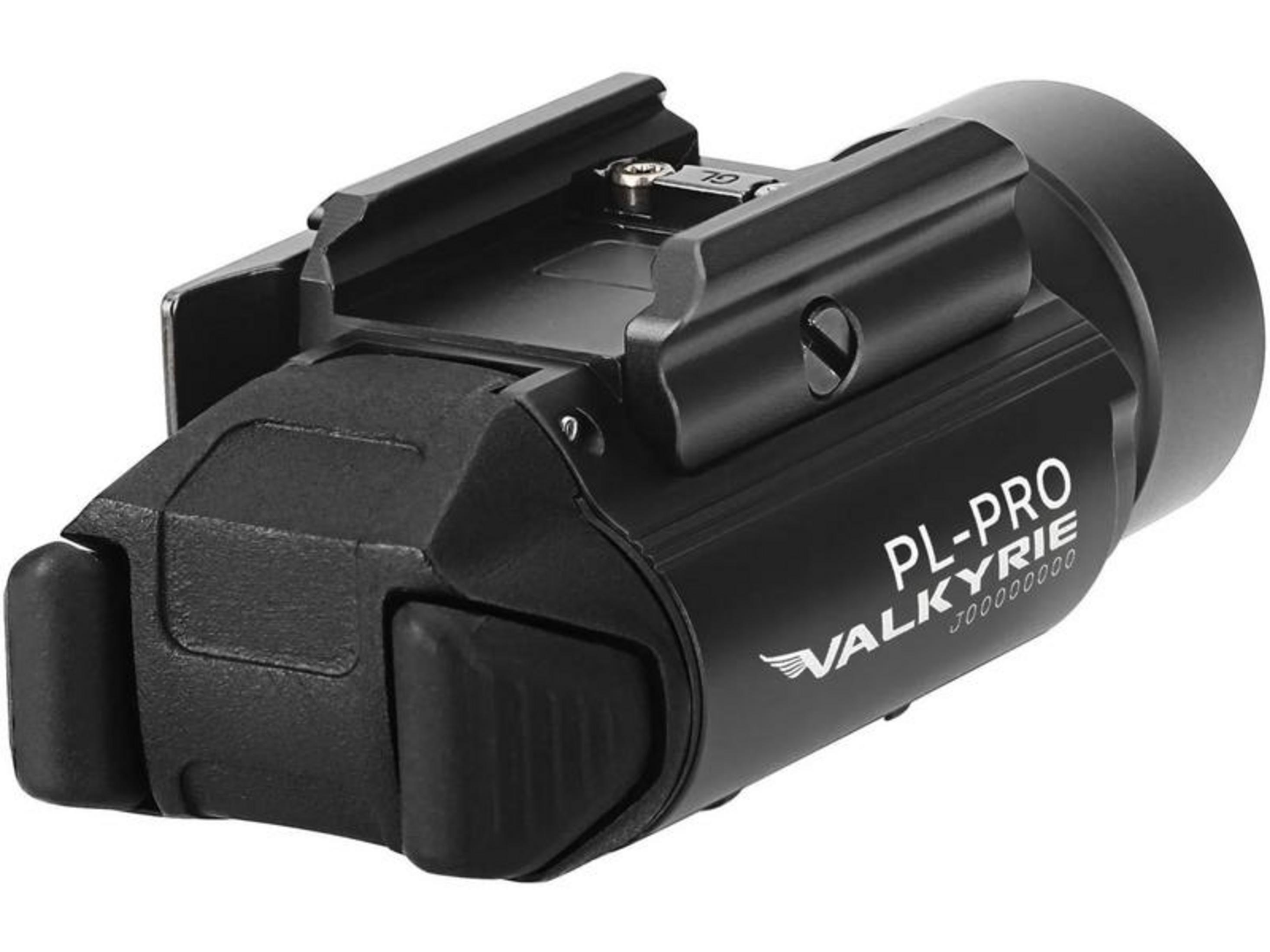 Lampe tactique noire avec marquages 'PL-PRO VALKYRIE'.