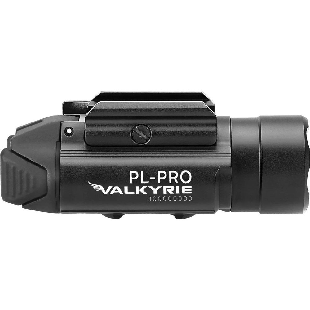 Lampe torche tactique noire avec marque PL-PRO VALKYRIE, montée sur rail.