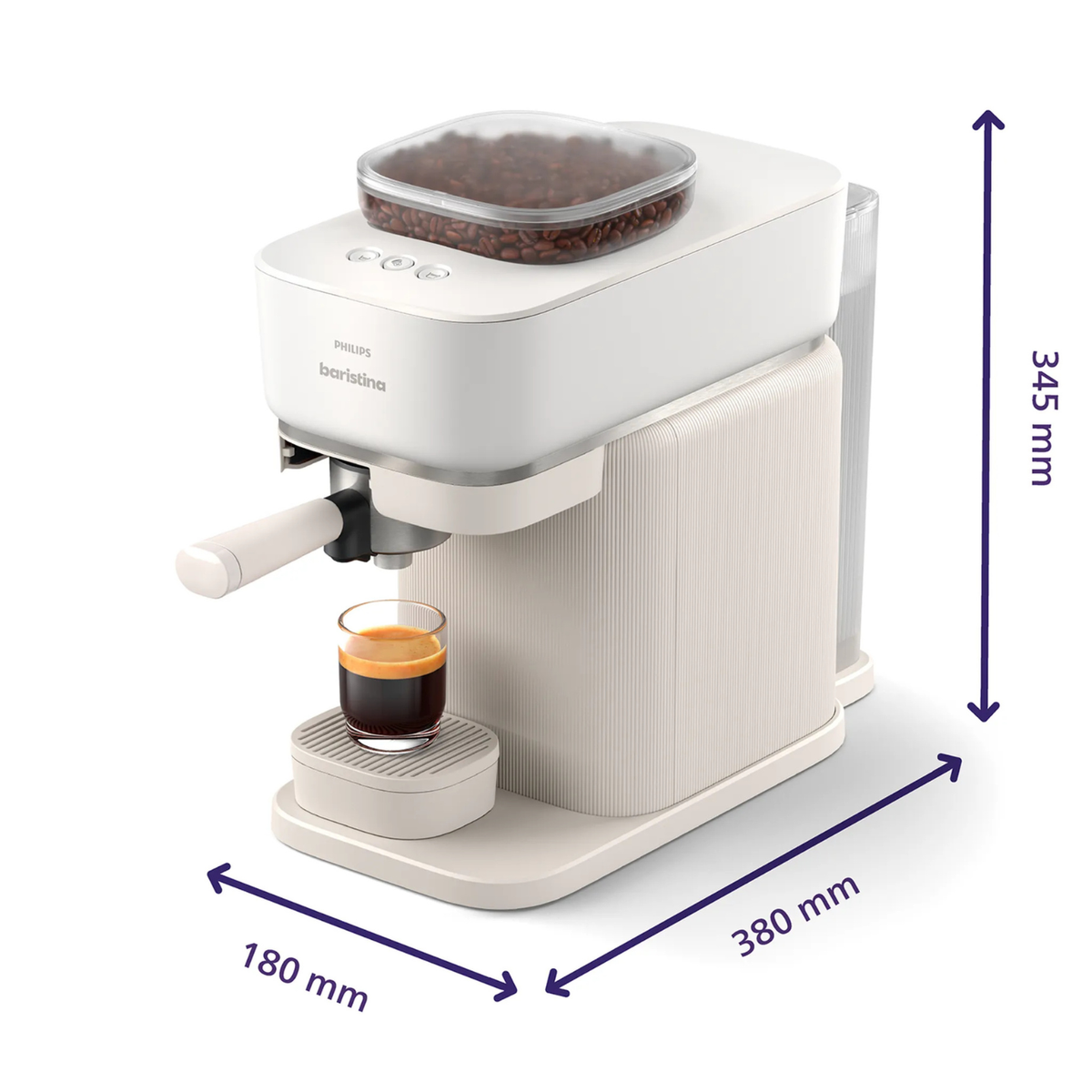 Una macchina da caffè Philips Barista bianca con un bicchiere di espresso e chicchi di caffè.