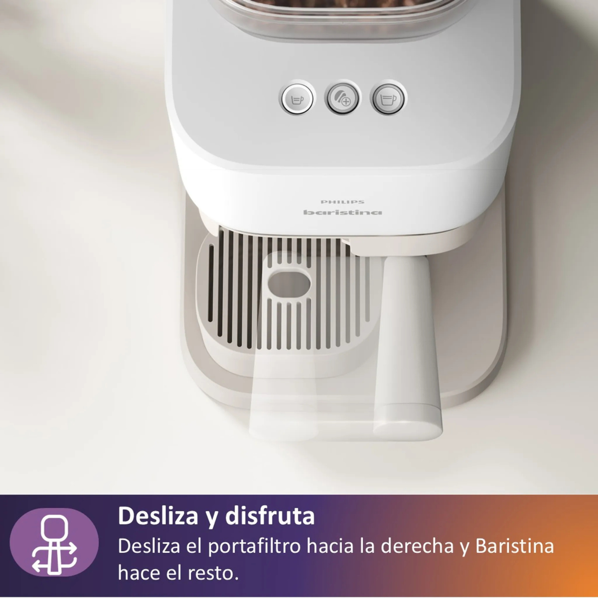 Macchina da caffè bianca con portafiltro metallico, tre pulsanti e tramoggia chicchi.