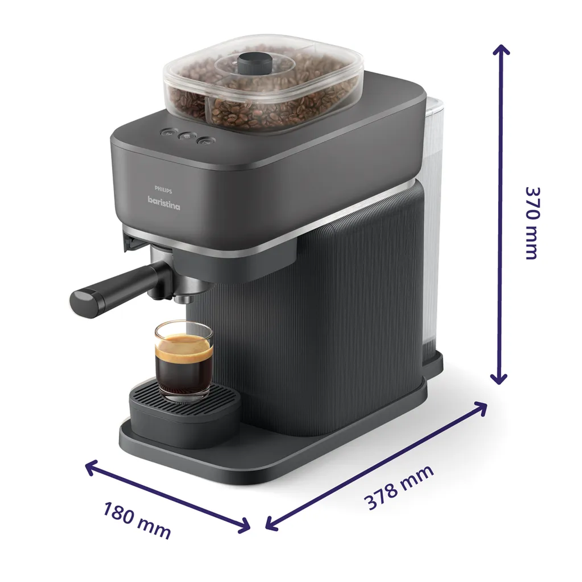 Dunkelgraue Espressomaschine mit Bohnenbehälter, brüht Espresso in ein Glas.