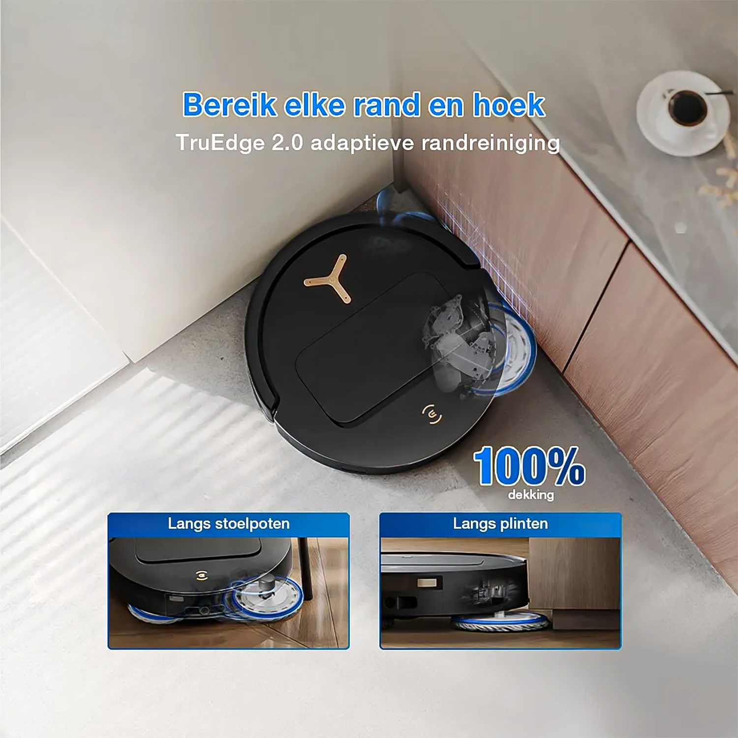 Un robot aspirateur noir nettoie un coin avec TruEdge 2.0.