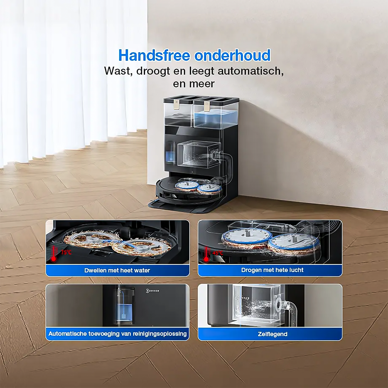 Aspirateur robot avec station : lave, sèche, vide. Avec 4 vues détaillées.