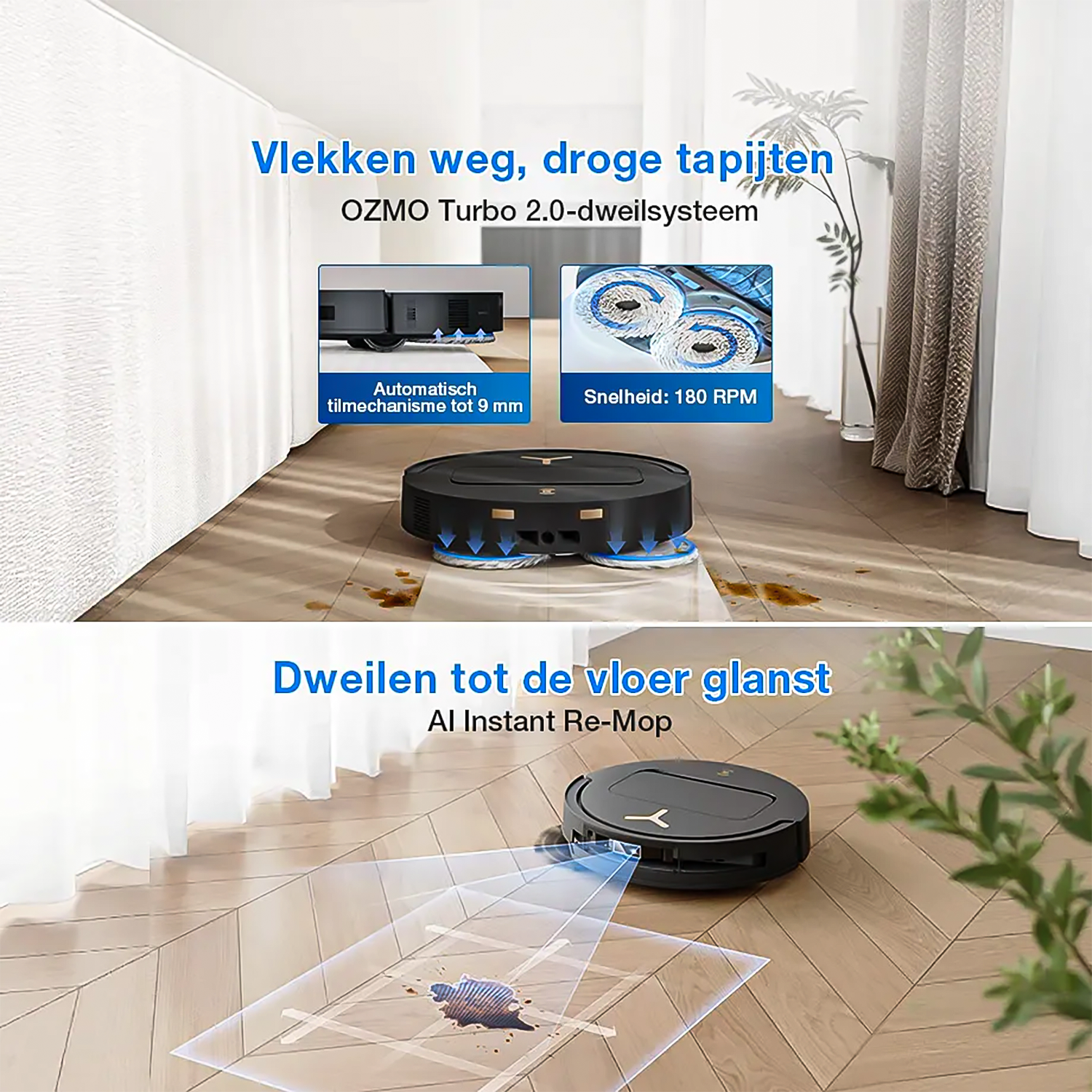 Un aspirateur robot nettoie les taches sur un parquet avec des serpillières rotatives.