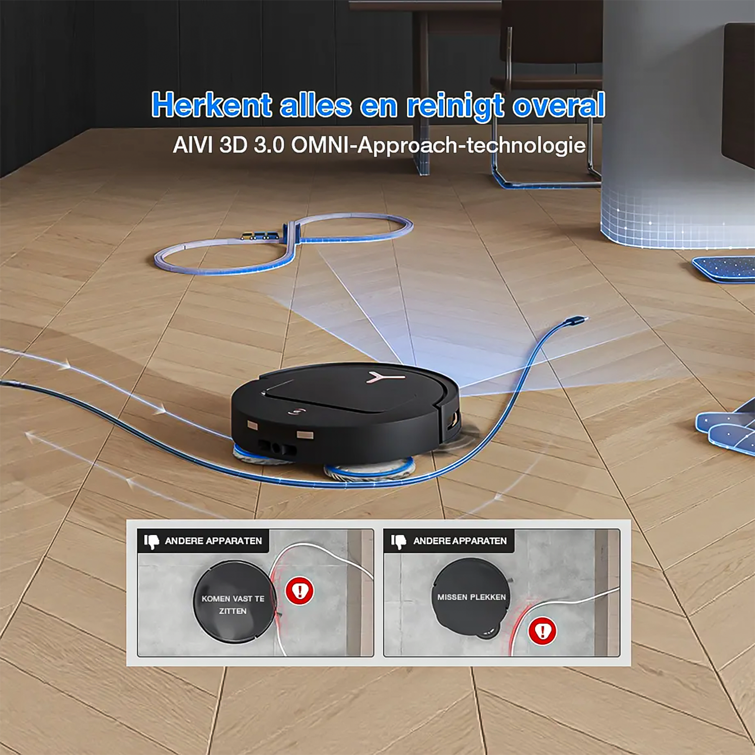 Un aspirateur robot nettoie le sol, détectant les obstacles comme montré dans les images.