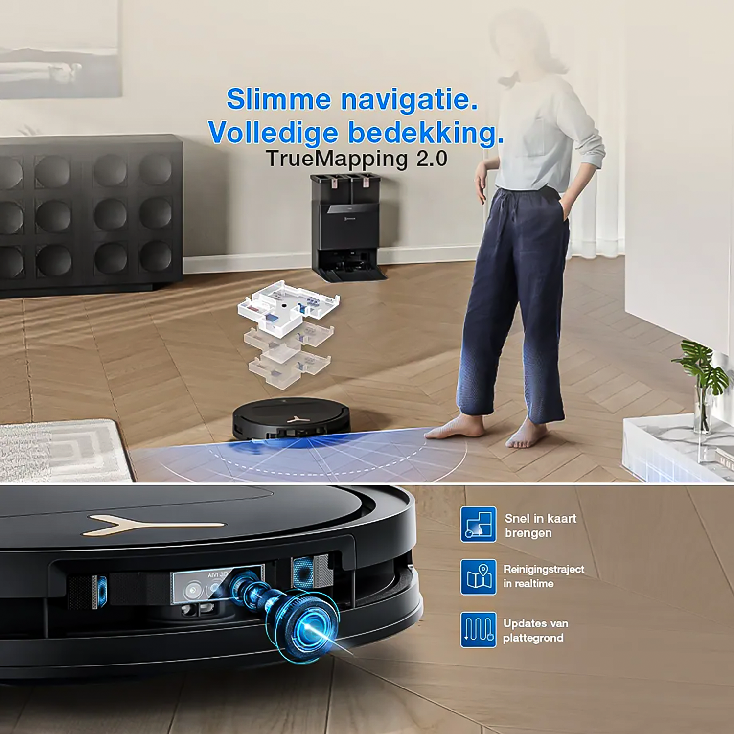 Un aspirateur robot avec navigation intelligente et base de chargement. Gros plan des capteurs.