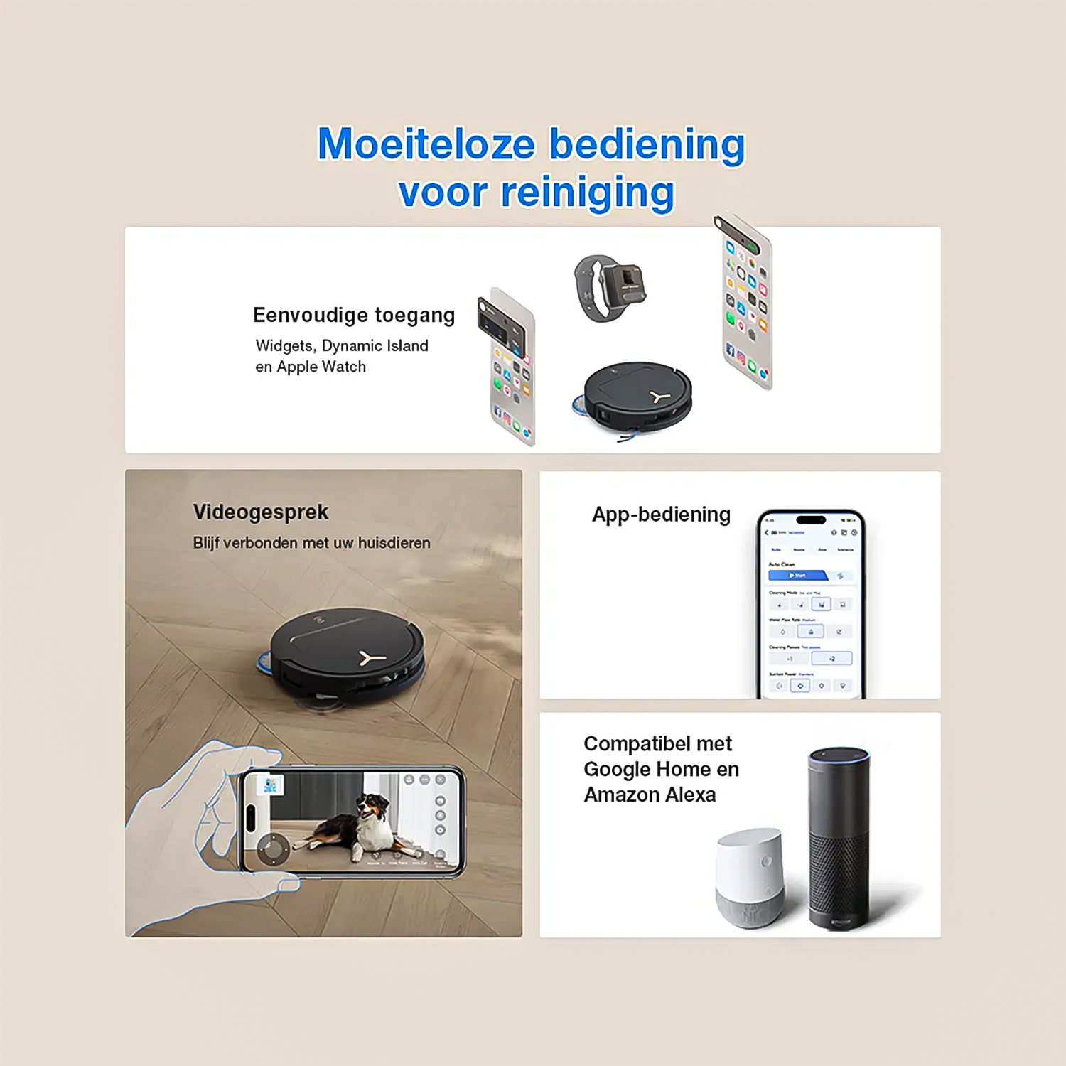 Aperçu du produit : Aspirateur robot avec contrôle smartphone, appel vidéo et assistants vocaux.
