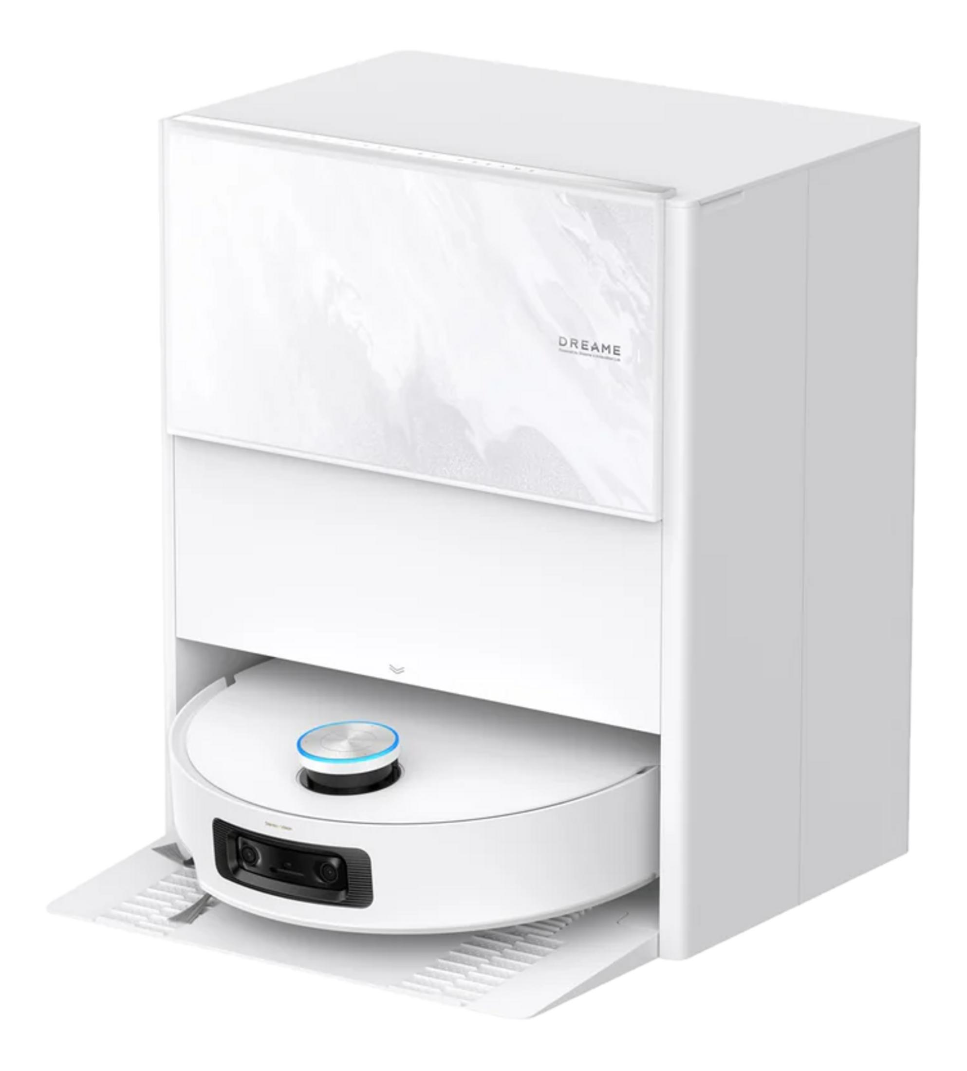 Un robot aspirateur blanc avec station de charge et anneau lumineux bleu.
