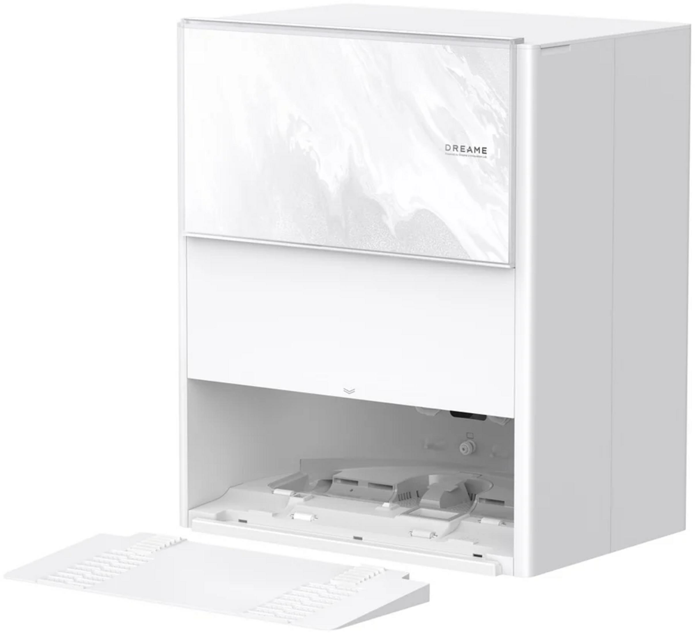 Une station blanche pour aspirateur robot avec motif marbre et compartiment ouvert.