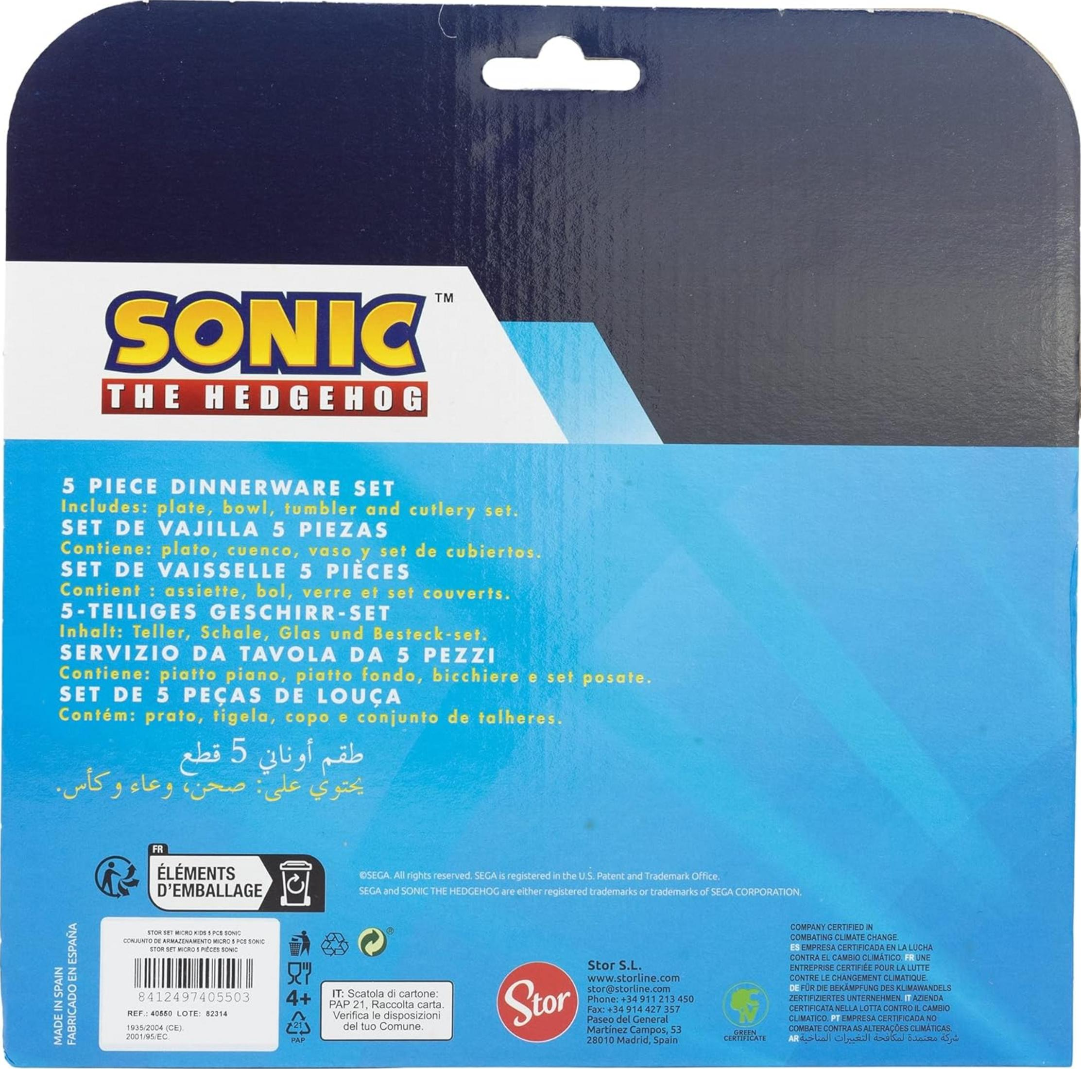 Sonic the Hedgehog 5-teiliges Geschirr-Set mit Teller, Schale, Glas und Besteck.