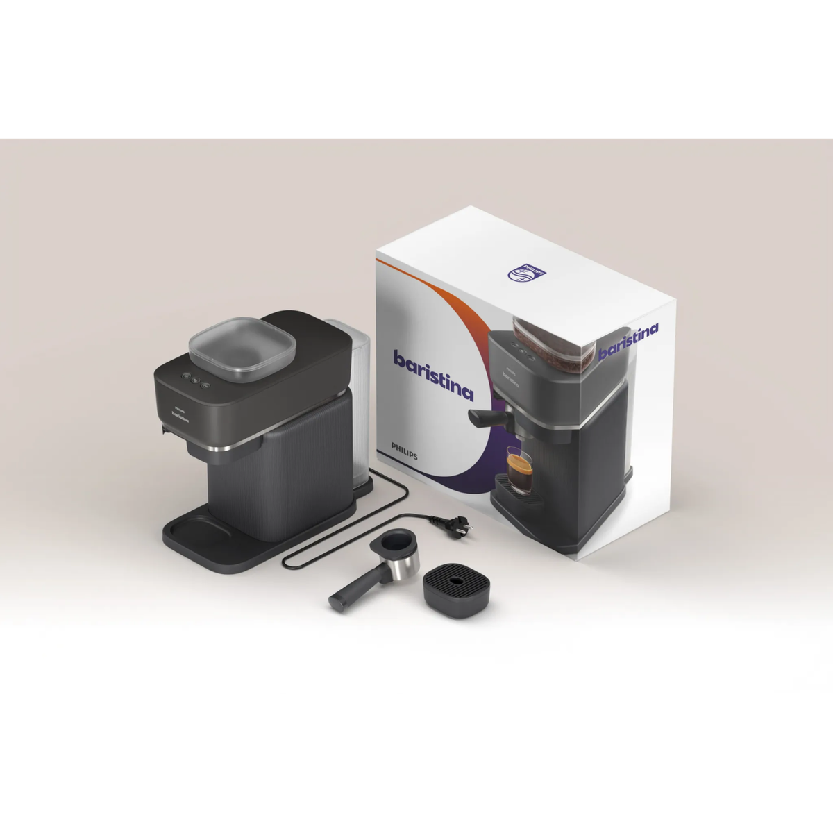 Kaffeemaschine mit Zubehör und Verpackung. Dunkelgraue Kaffeemaschine, Siebträger, Filter und Karton.