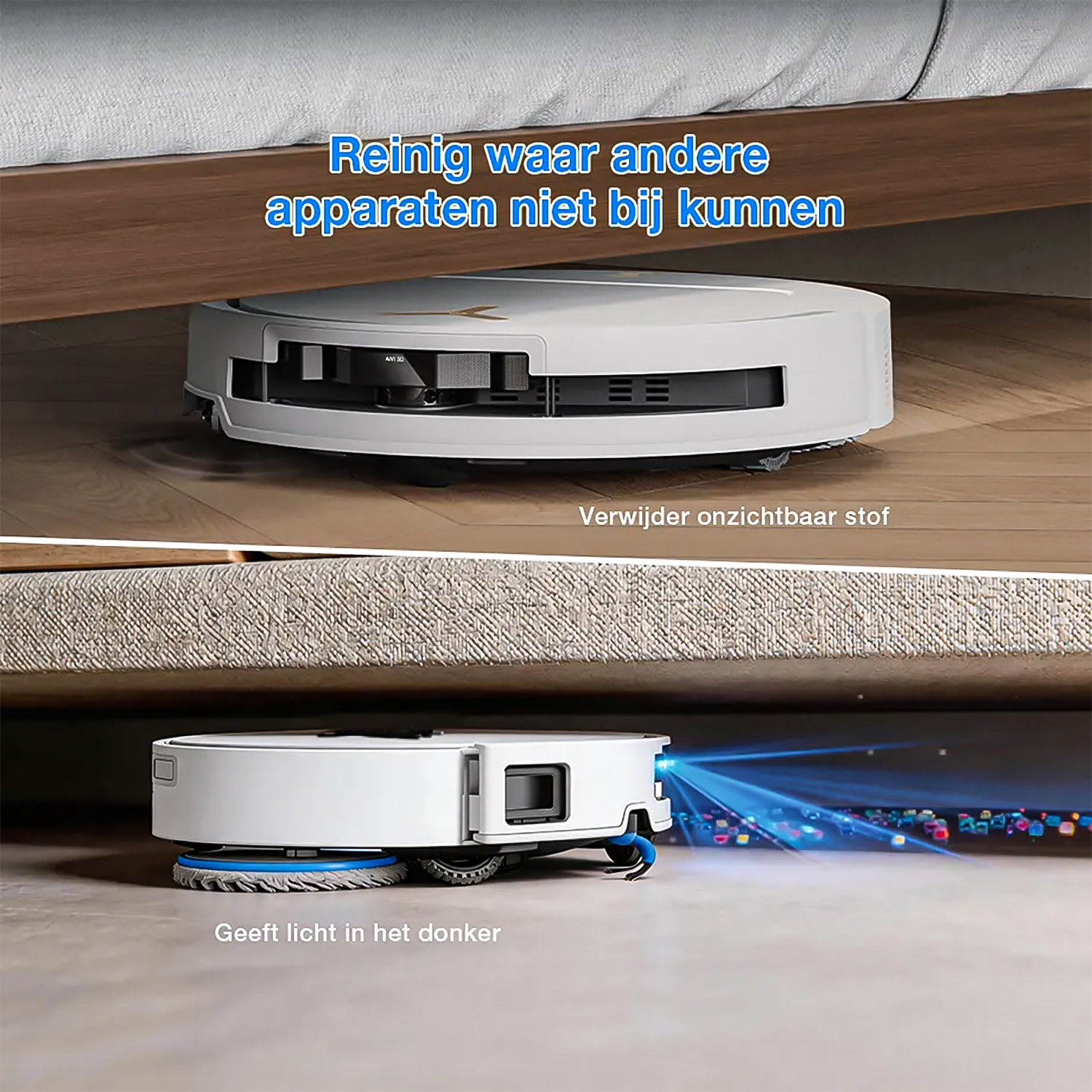 Un robot aspirateur blanc nettoie sous un lit, illuminant le chemin.