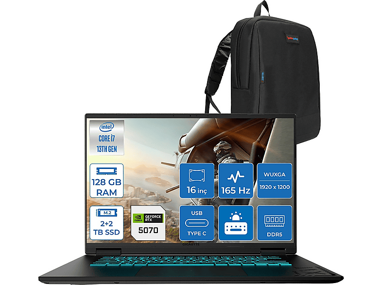 LENOVO Gigabyte Gaming A16CWH RTX5060 165Hzs WA16CWHF54 Intel Core i7-13620H 128 GB RAM 2 TB SSD 16 inç FreeDOS Laptop+Çanta Siyah