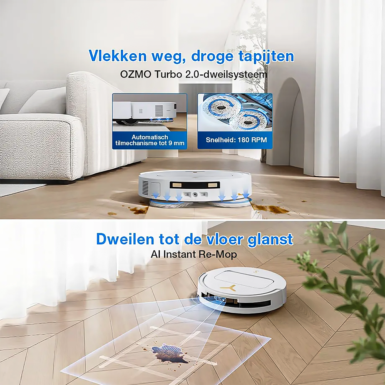 Un robot aspirateur nettoie une tache, avec une image de serpillères rotatives. Il peut soulever 9mm.