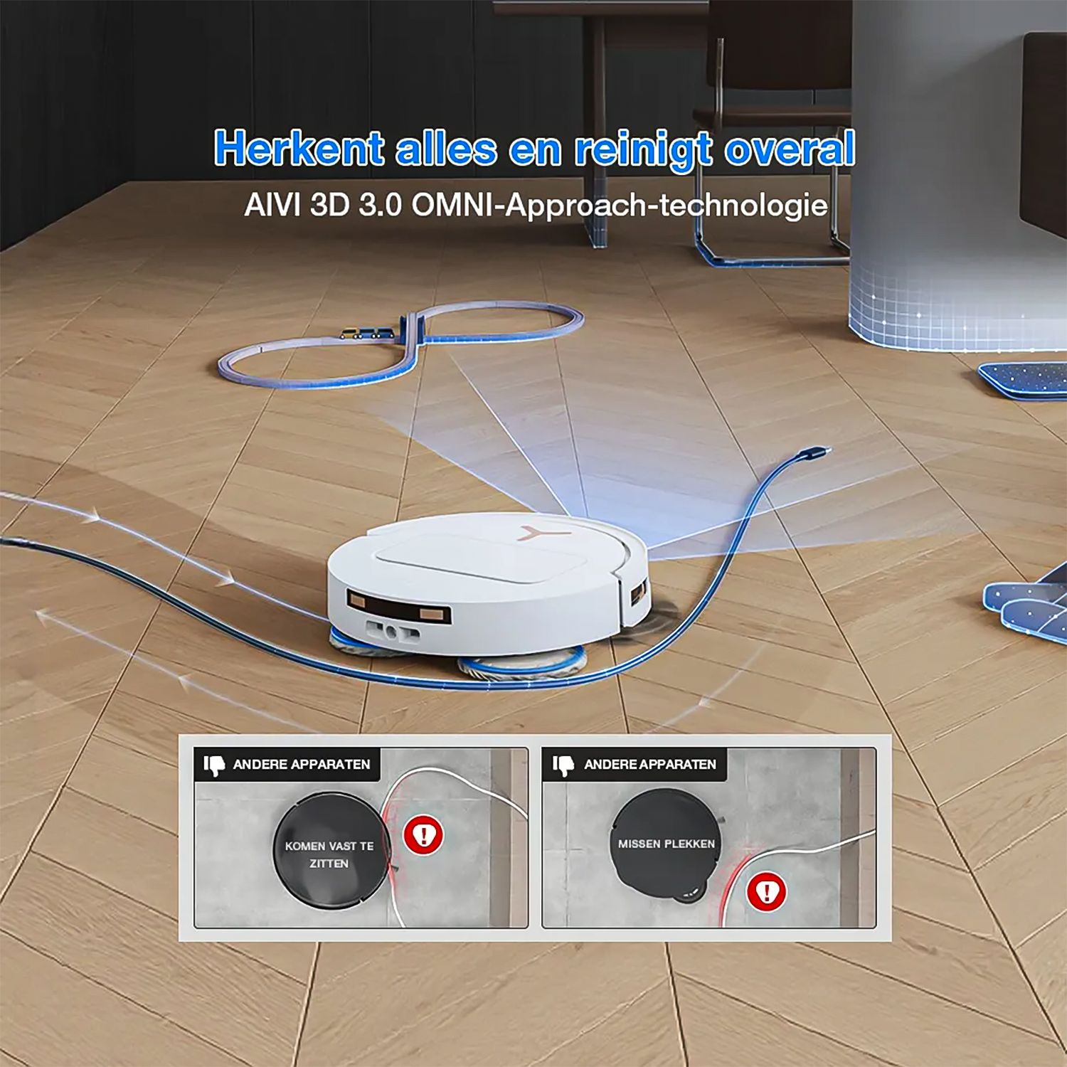 Un robot aspirateur blanc navigue sur un parquet, entouré de lignes bleues.