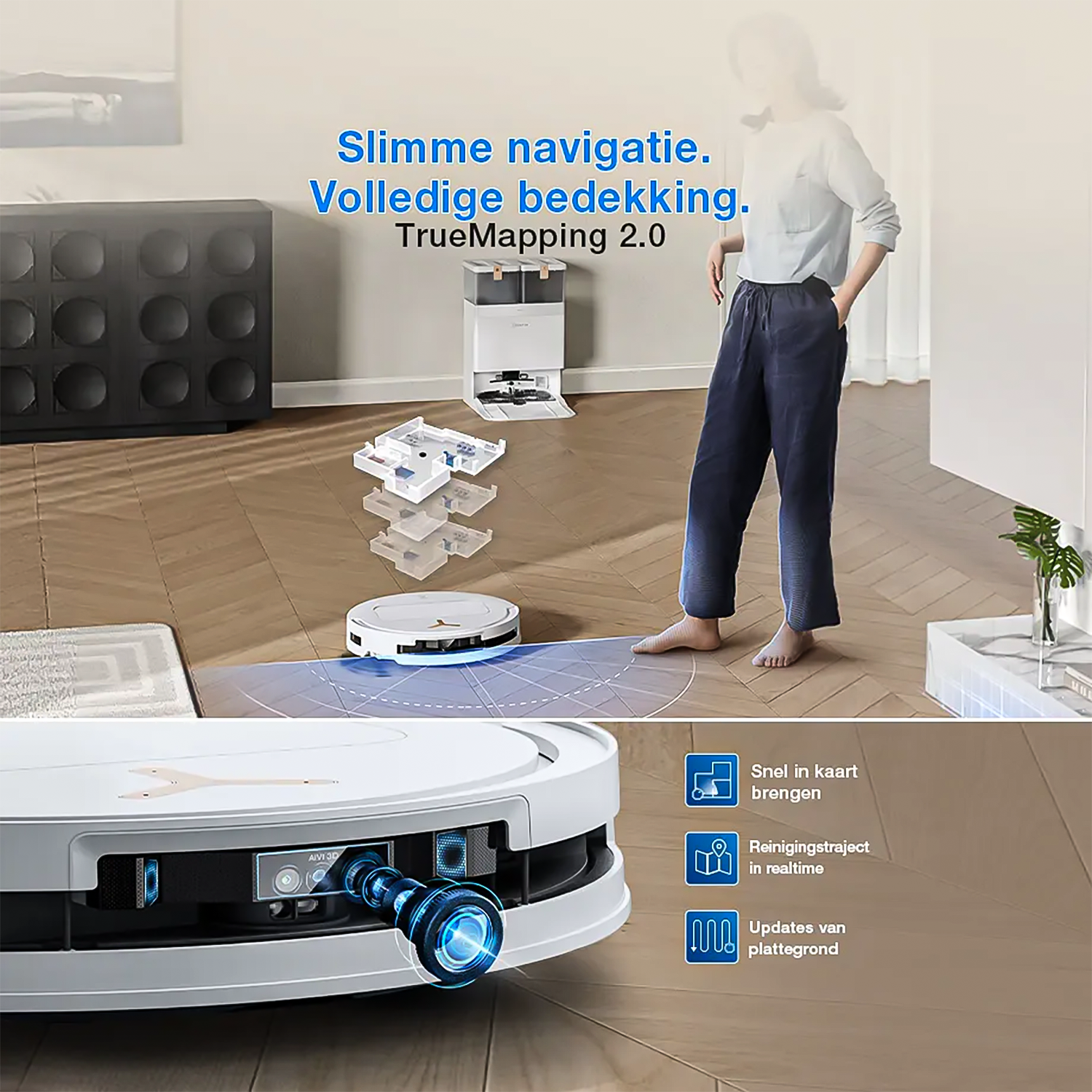 Un aspirateur robot avec TrueMapping 2.0 et capteurs AIVI 3D sur un parquet.