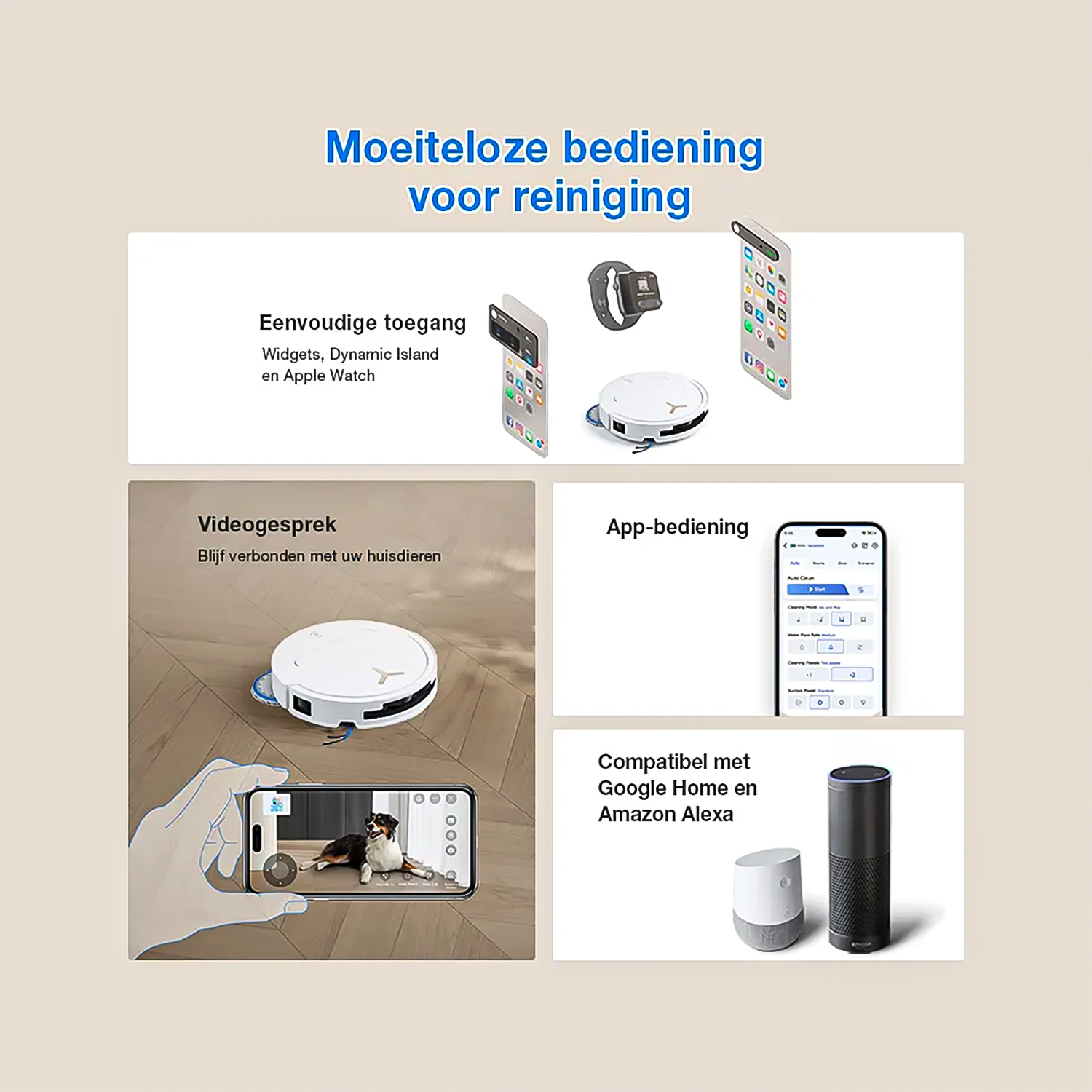 Affichage de smartphone, montre connectée et aspirateur robot pour un contrôle facile.