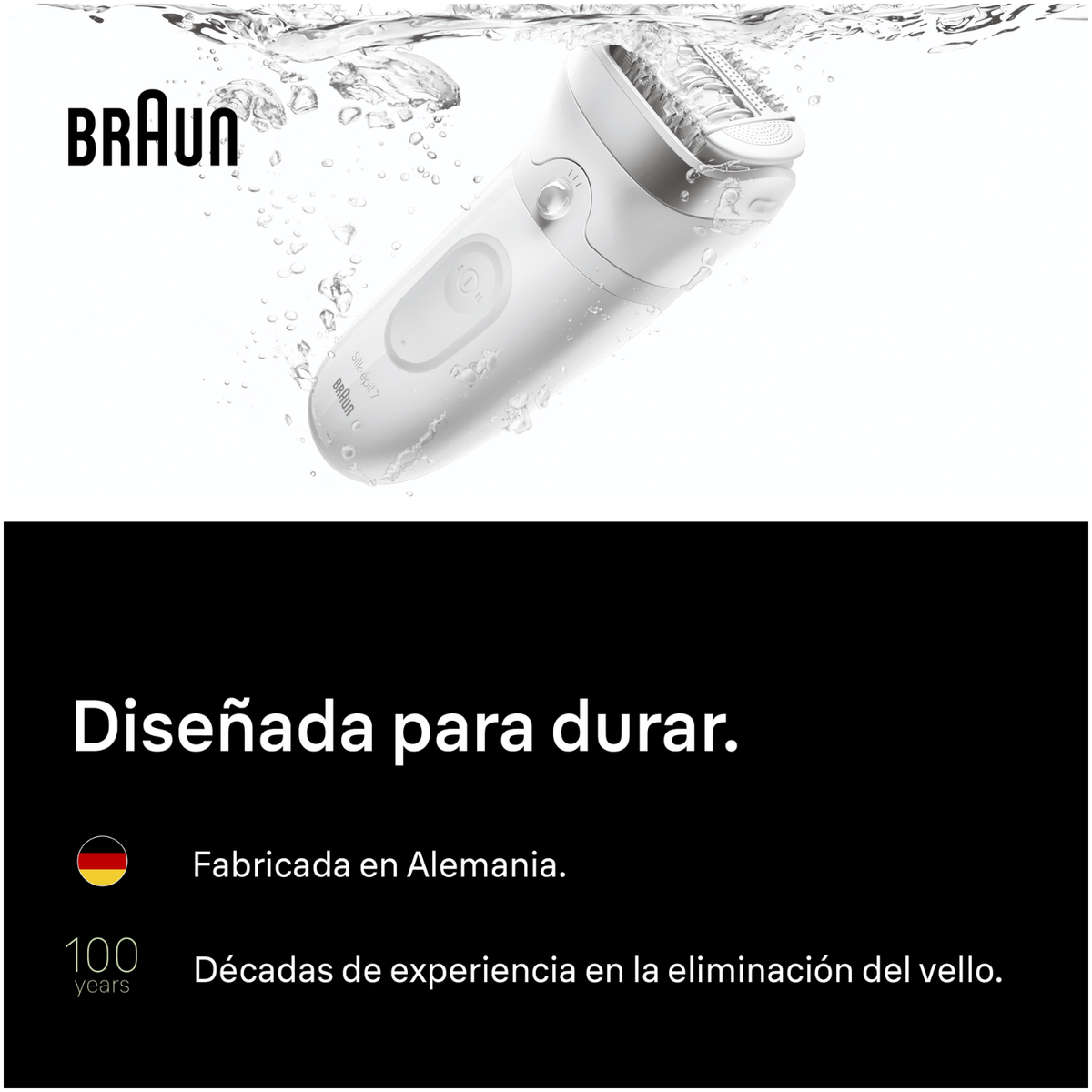 Un epilatore Braun bianco immerso in acqua. "Progettato per durare."