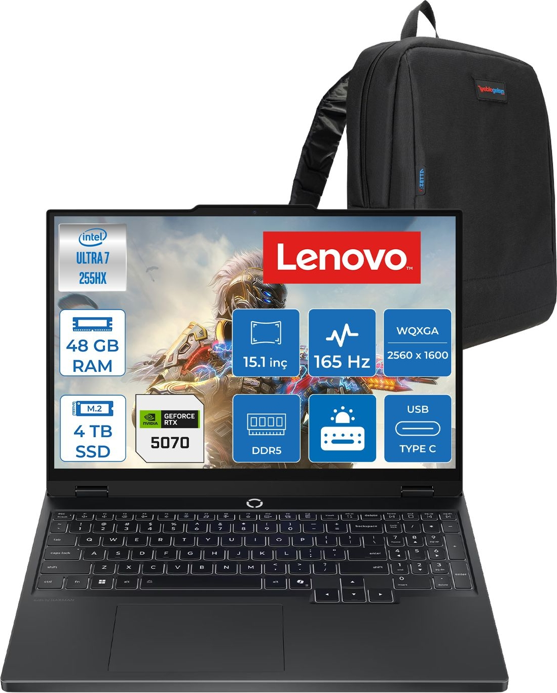 LENOVO Legion 5 15IAX10 RTX5070 8GB 115W 83F0008BTRF23 Intel Core Ultra 7 255HX 48 GB RAM 4 TB SSD 15,1 inç FreeDOS Laptop+Çanta Siyah