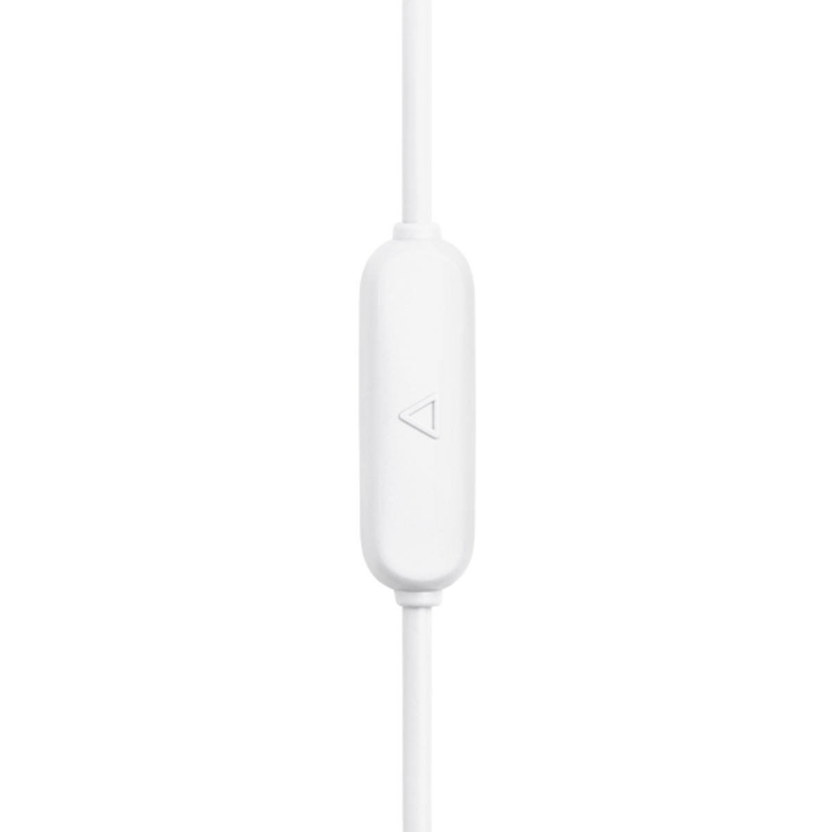 Un mando de auriculares blanco en línea con un símbolo de triángulo.