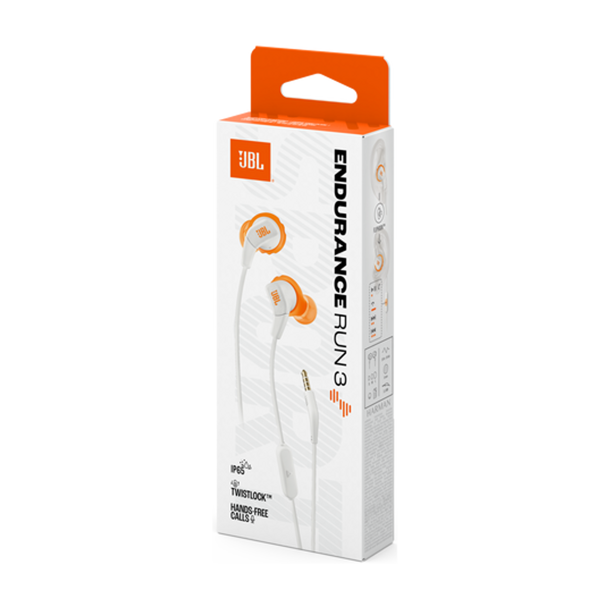 Embalaje de auriculares JBL Endurance Run 3, blanco y naranja.
